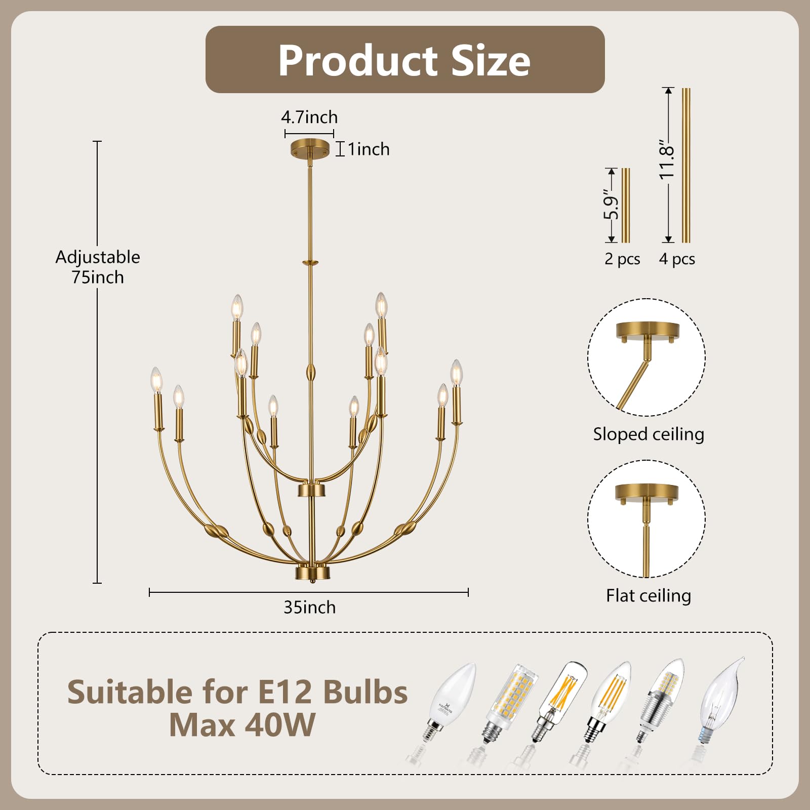 Acaner 12-Light Brushed Gold Large Chandeliers For High Ceilings, 35 Inch Candle Style Rustic Pendant Light Fixture For Entryway