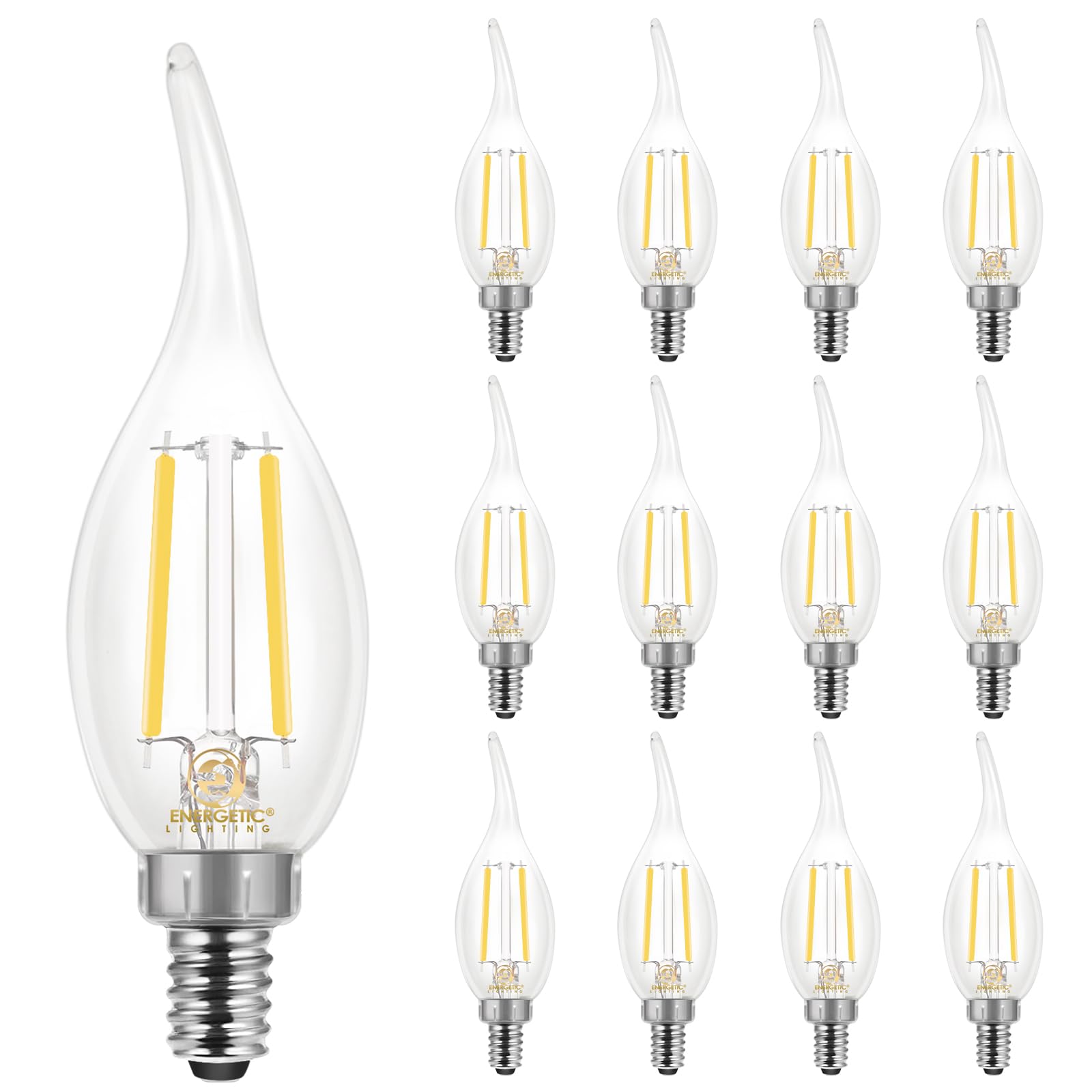 Energetic 12 Pack Dimmable Candelabra Led Light Bulb, Ca11 Shape,Flame Tip Style, 60 Watt Equivalent, 4000K Cool White, E12 Base