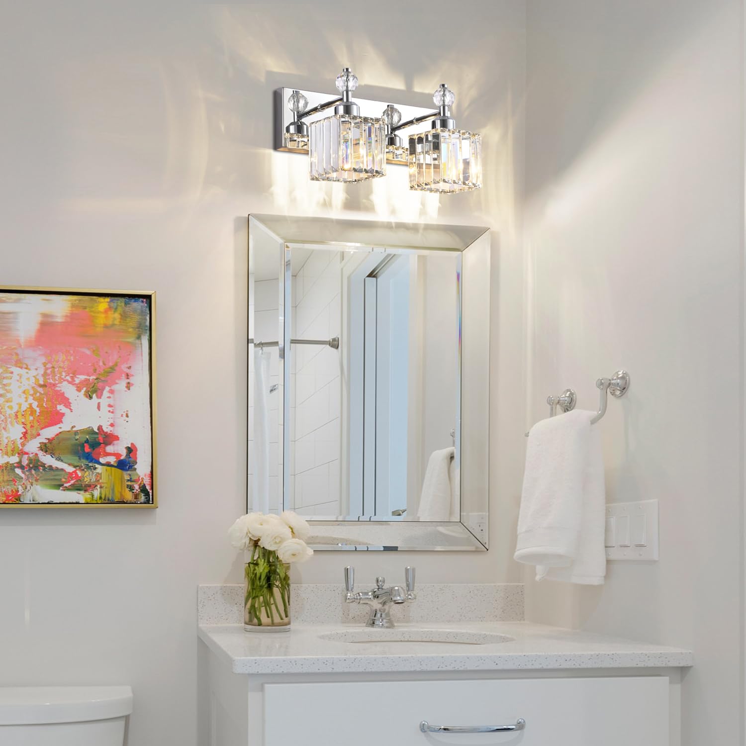 PRESDE Chrome Crystal Bathroom Vanity Light Fixture - 2-Lights, Stainless Steel, Modern Design