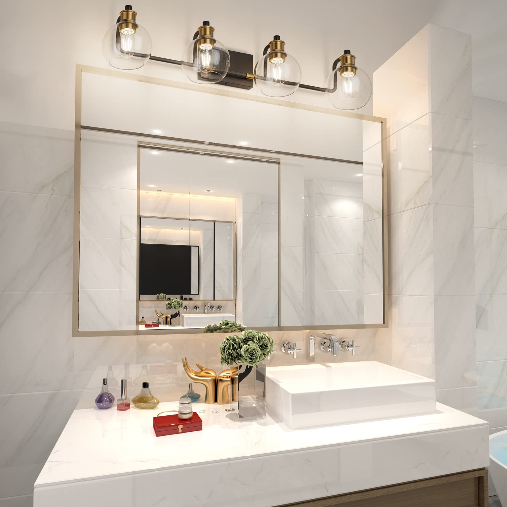 Tipace 4-Light Vintage Bathroom Vanity Lighting Fixtures, Black & Gold Finish, Metal, Model L-7493-1, Clear Glass Globes