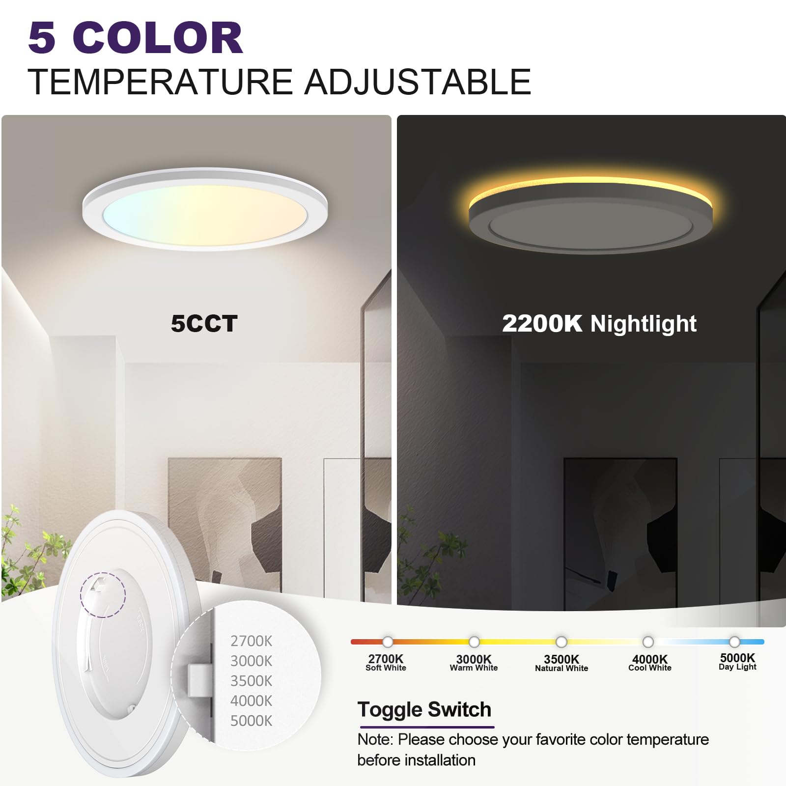 Sofiton 7 Inch Led Flush Mount Ceiling Lights With Nightlight, 2700K/3000K/3500K/4000K/5000K 5Cct Selectable Ceiling Light Fixtu