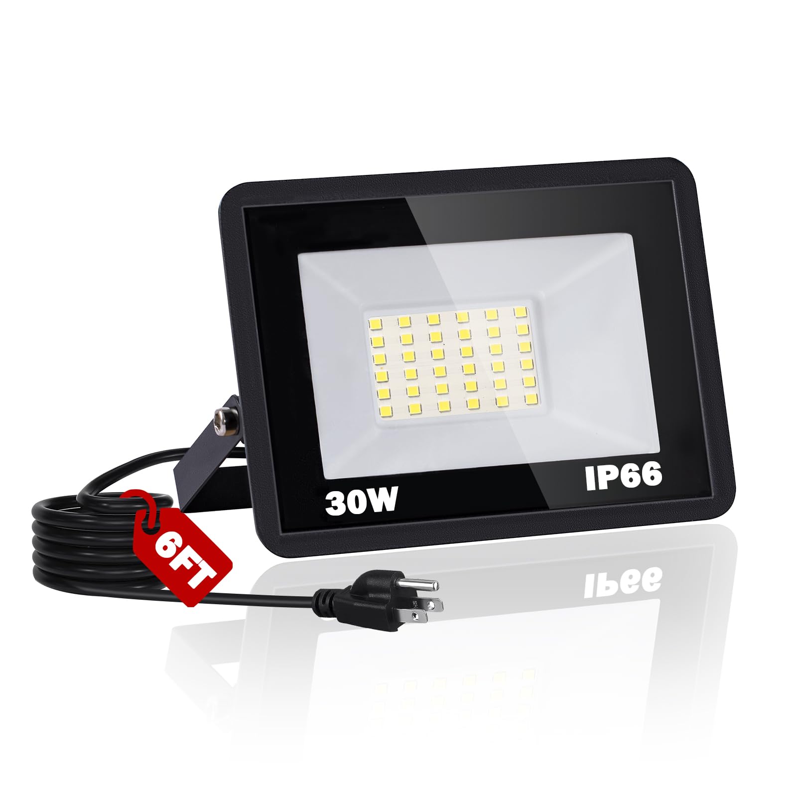 NEWREACH 30W LED Flood Light Outdoor  IP66 Waterproof 5000K Daylight White 3600LM Super Brighter Work Light with 6ft Cord and Plug  Exterior Floodlight Security Lights for Yard Garage Stadium Garden