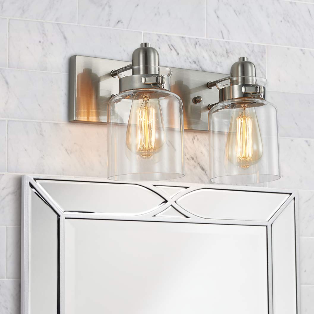 Bestier 2-Light Bath Vanity Wall Sconce Brushed Nickel Glass AK-AJ-18103 7in Width 8.3in Height E26 LED Bulbs Required