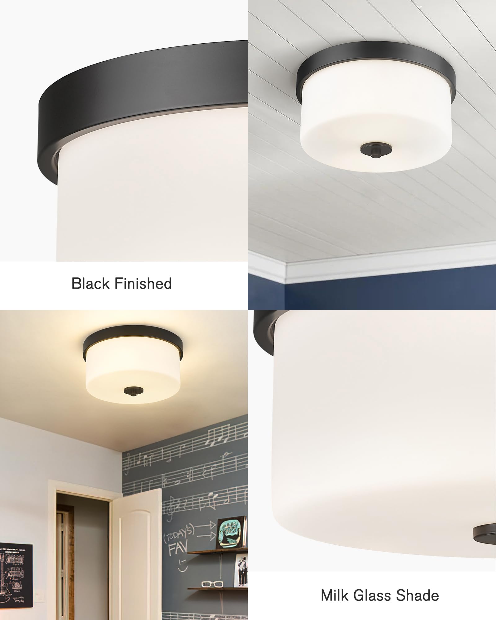 Emak Black Modern Flush Mount Ceiling Light Fixture With Milk Glass, Fm082-Bk-Ml