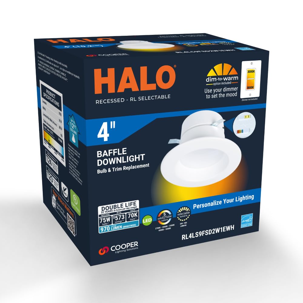 Halo Rl Series 4 Inch Recessed Led Retrofit Light Selectable Cct (2700K-5000K) And Selectable Lumens, Dim To Warm, Integrated Le