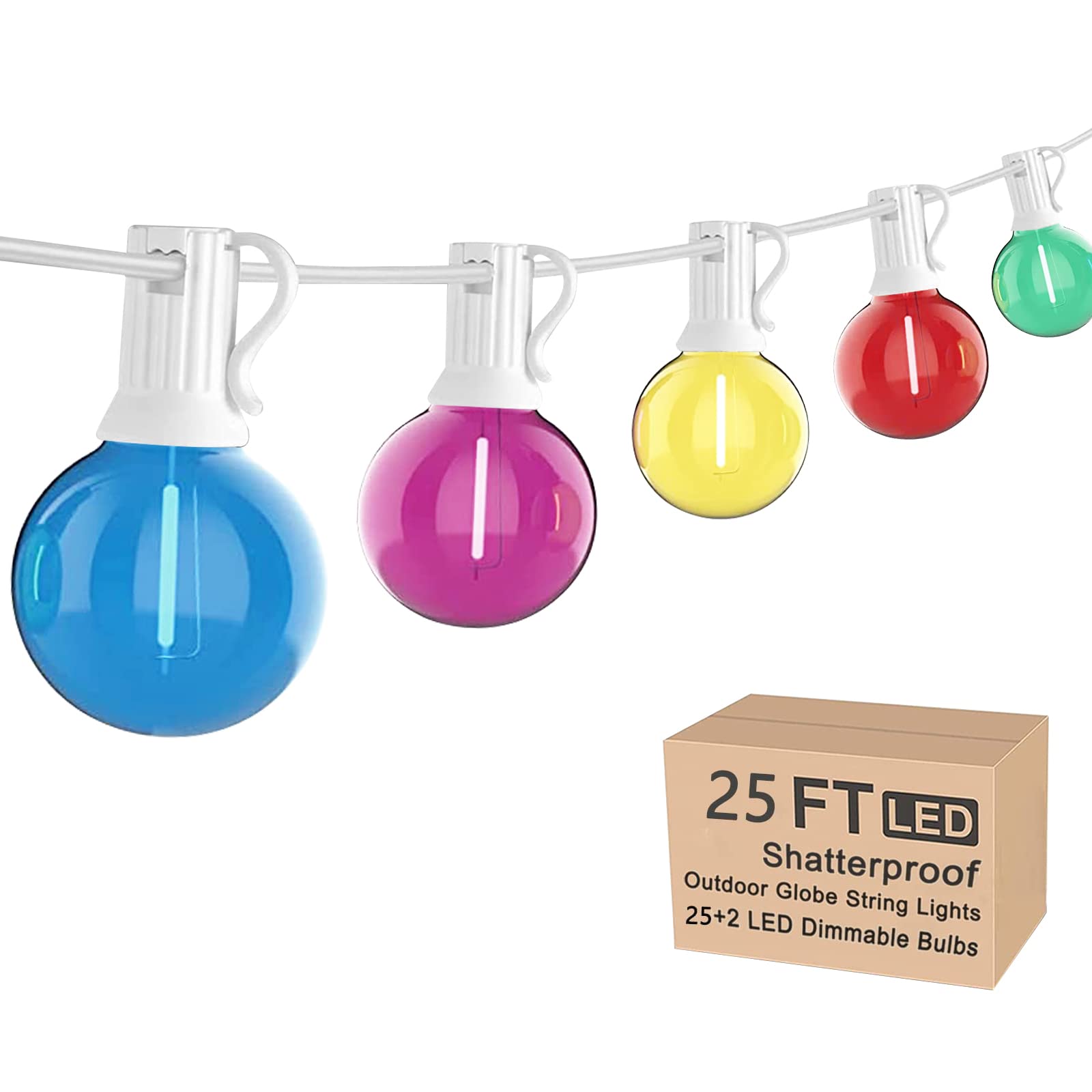 25Ft LED Outdoor String Lights, G40 Outdoor Christmas Decorations Lights Waterproof with 27 LED Globe Multicolor Bulb, Hanging V