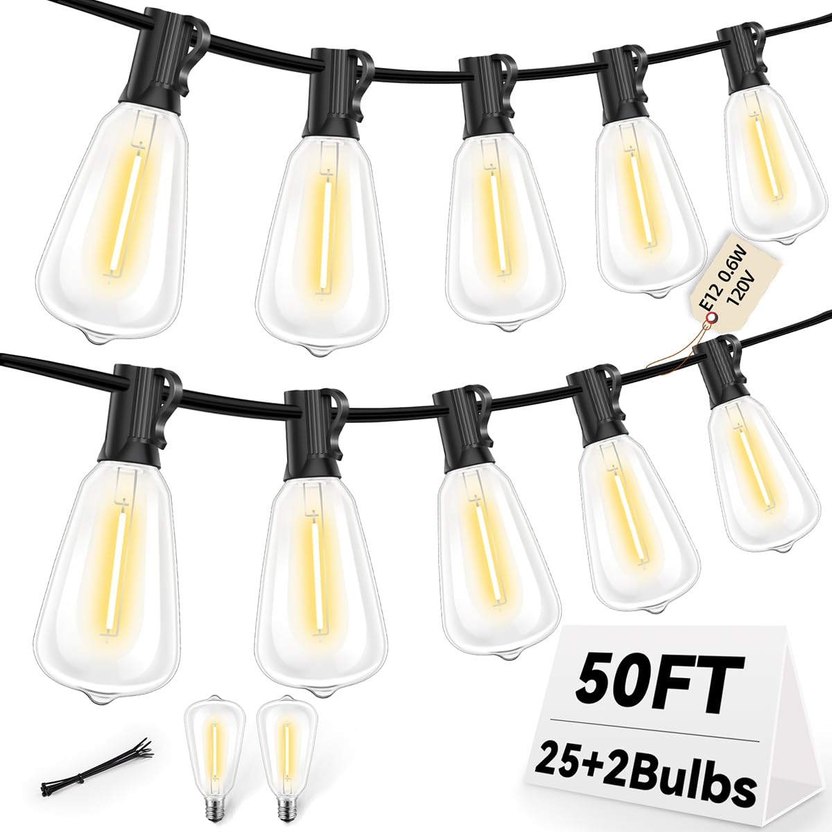 Hobbynors ST38 50FT LED Outdoor String Lights with 25+2 Spare Bulbs, E12 Socket, 2700K Warm White-for Backyard, Wedding, Camping
