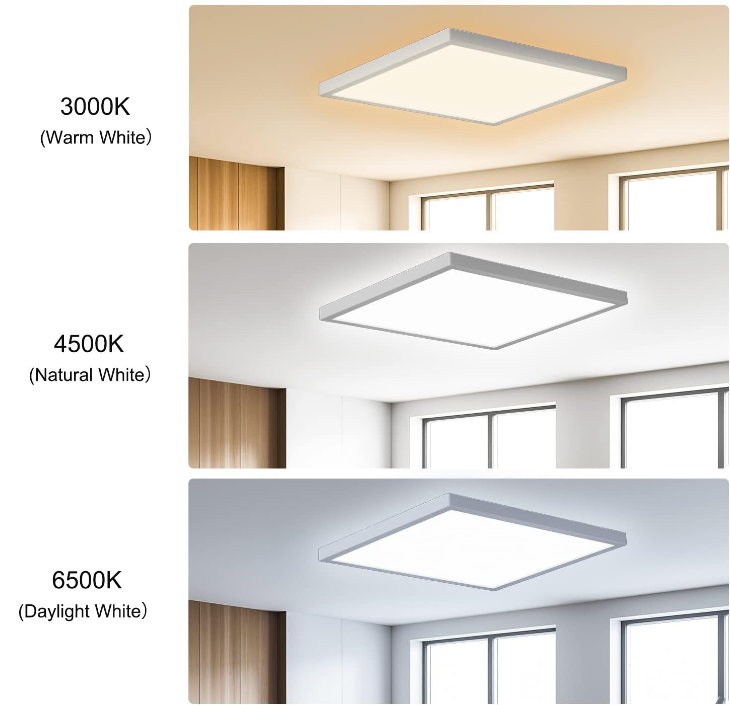 DODOPEN LED Ceiling Light Fixture 12 inch, 2400LM, 24W, 3CCT Square White, Model DSD-F, Non-Dimmable