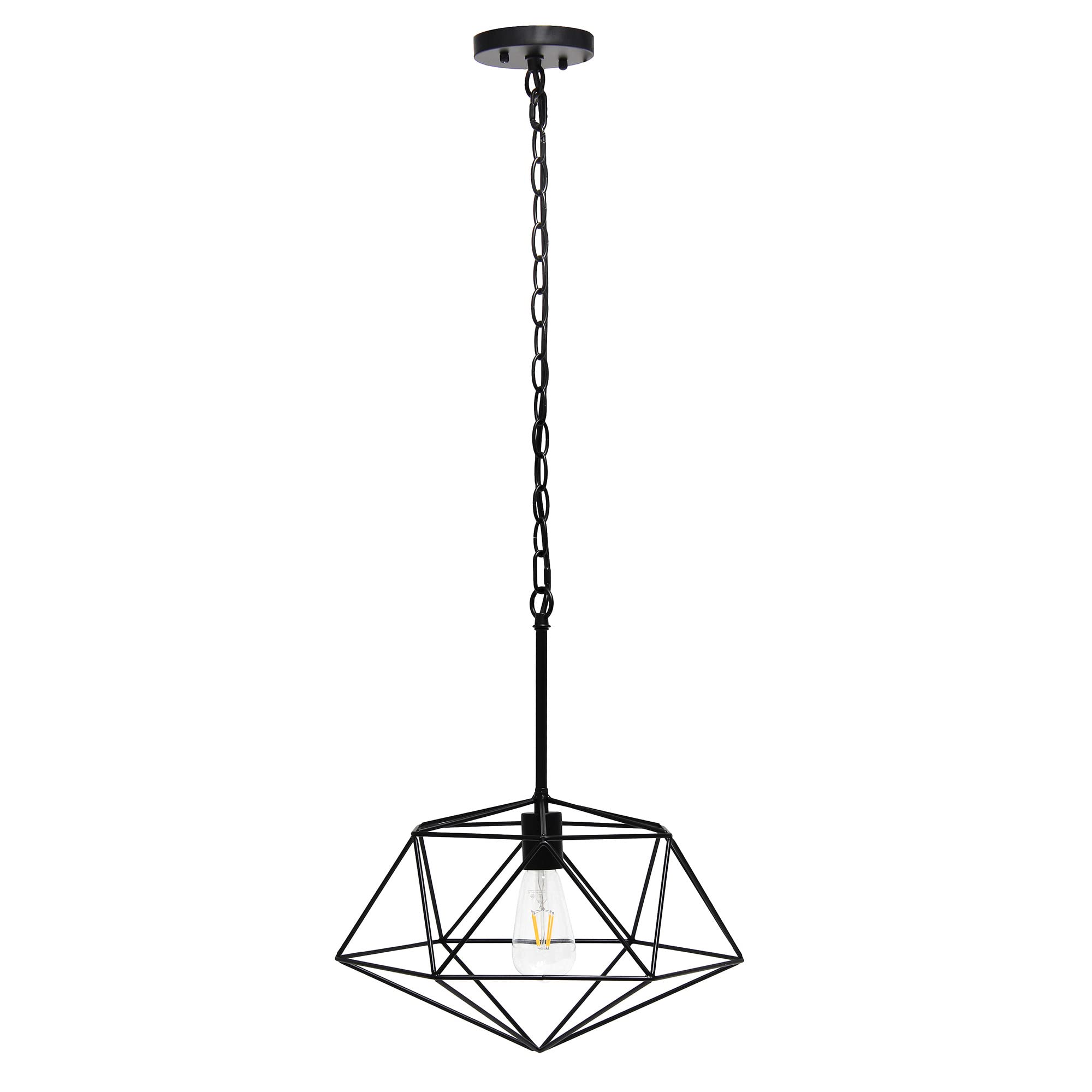 Elegant Designs PT1011-BLK 16in Geometric Diamond Pendant Light Fixture, Black, Iron, Industrial Metal Wire Cage