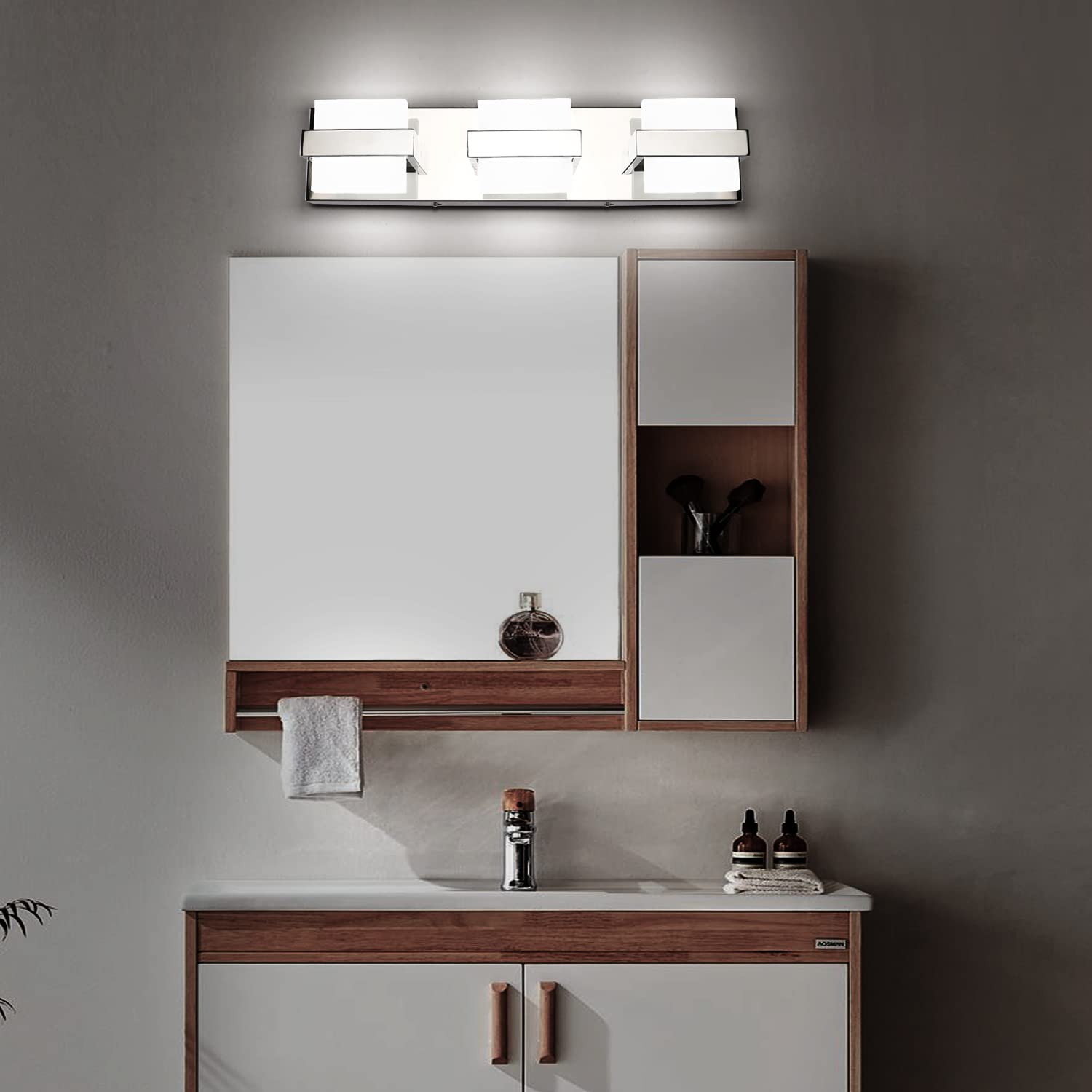 SOLFART LED Bathroom Vanity Light - 3 Lights Chrome Fixture, Acrylic Shade, White Light 6000K, Model 7248-3T-WHL-ND