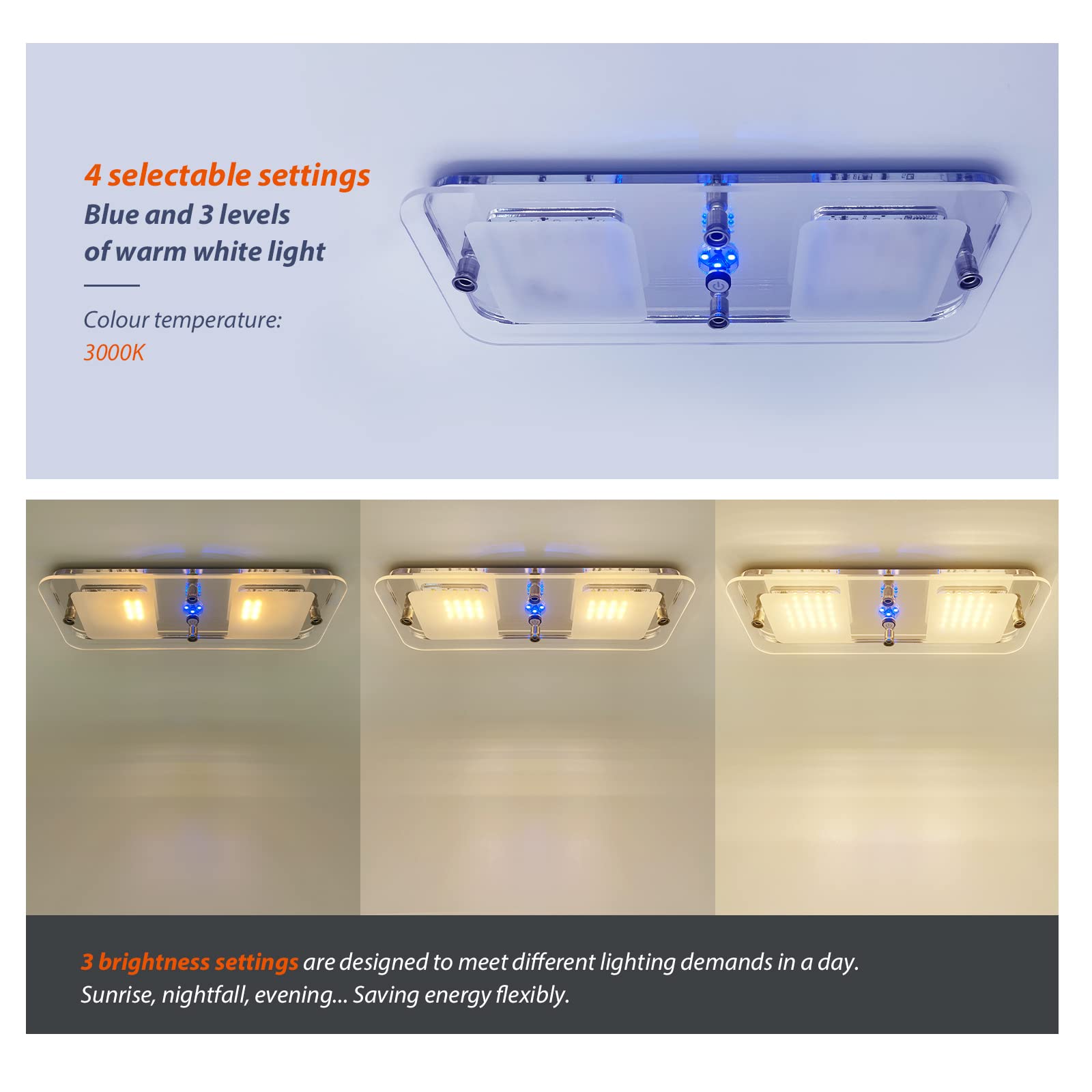 Dream Lighting Dimmable RV Interior LED Light, 12V, 8.6in Rectangle, Acrylic, 3000K, Model 616602W, Blue & Warm White