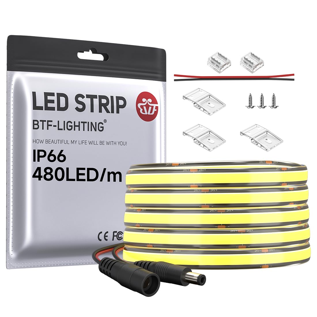 BTF-LIGHTING FCOB IP66 COB LED Strip 480LED/m DC24V Warm White 3000K Flexible High Density Uniform Light 9W/m 16.4FT CRI 90+ 8mm