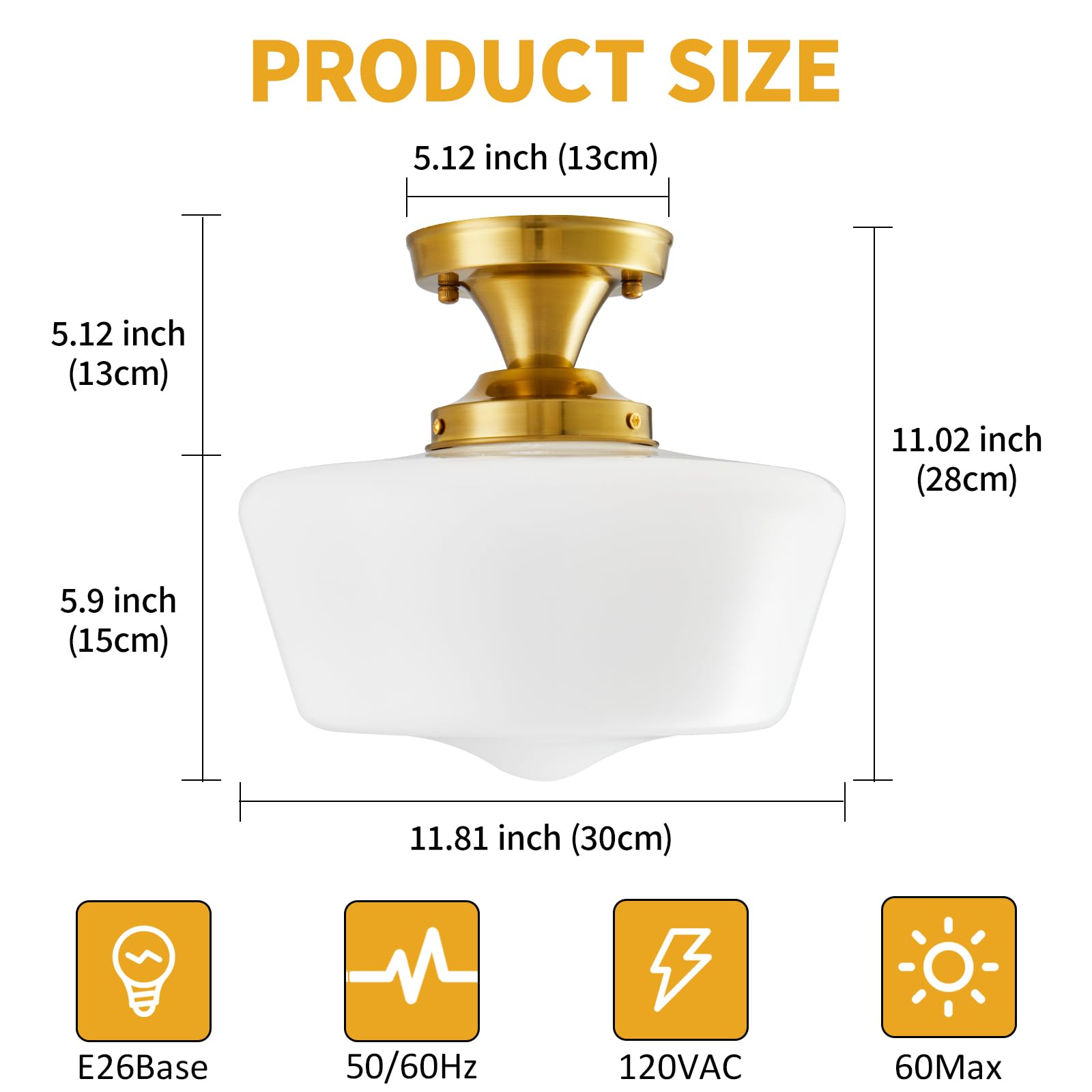 Youngrender Schoolhouse Light Fixture Modern Gold Ceiling Light,Semi Flush Mount Ceiling Light,12''Wide Opal Milk Glass Shade,Br