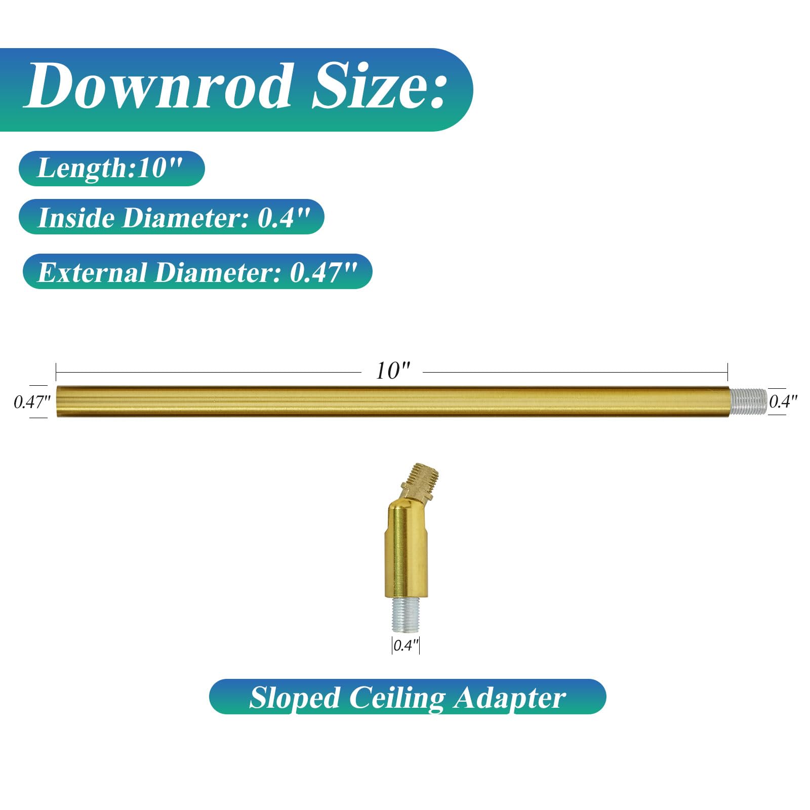 Shengqingtop M10 Threaded Extension Rod With Sloped Ceiling Adapter Kits For Pendant Light, Island Lighting, Brass