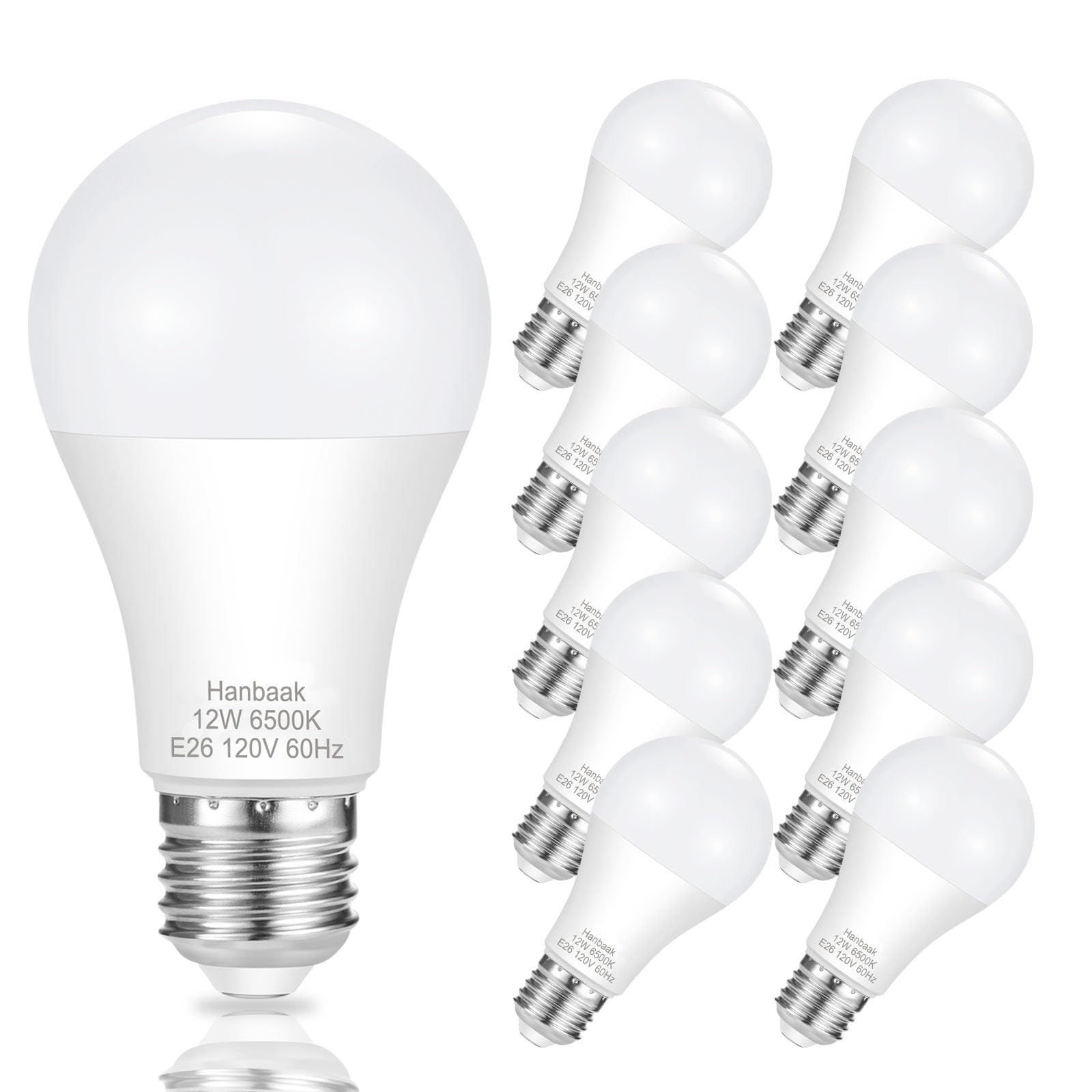 Hanbaak E26 Led Bulb, 100W Equivalent Light Bulb, 12W Medium Base Bulb, Non-Dimmable, Daylight White 6500K, 1200Lumen, 10Packs