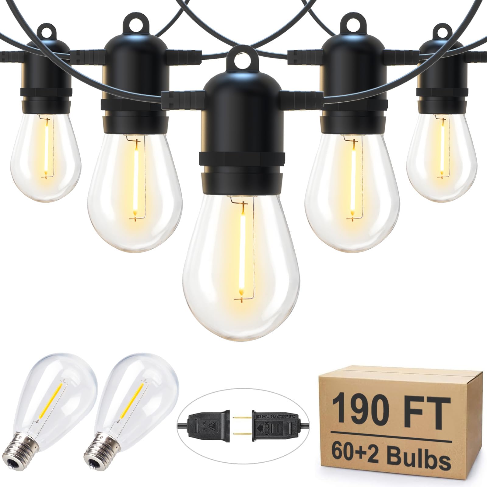 190FT Outdoor String Lights for Patio with 62 Shatterproof S14 Vintage Edison Bulbs, Waterproof Outside Hanging Lights for Backy
