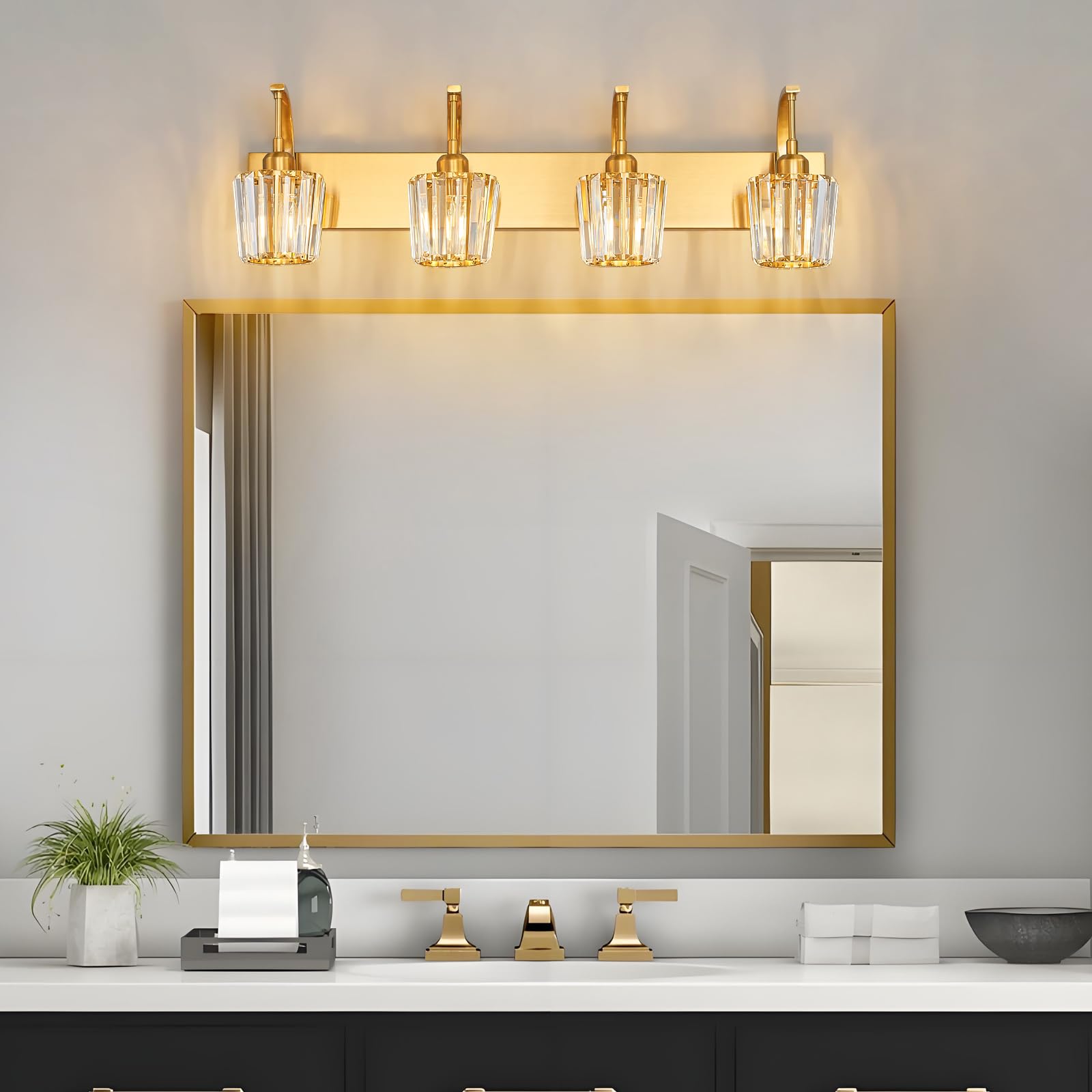 Fdpby Modern Bathroom Vanity Light  4-Light Gold Wall Sconce With Crystal Accents  Over Mirror Bathroom Lighting Fixture  32.67 Long Dimmable Vanity Lamp For Makeup  Easy Installation