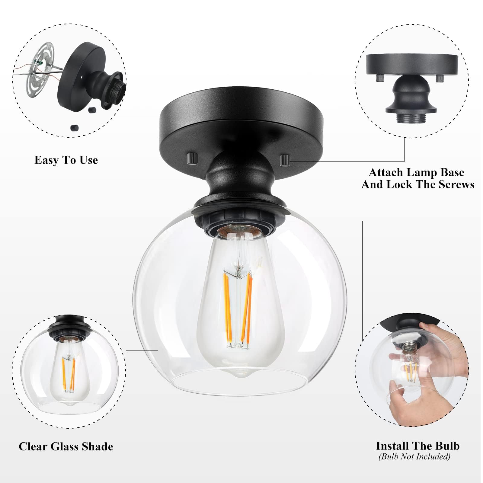 Boostarea Industrial Semi Flush Mount Ceiling Light, Vintage Hanging Ceiling Lamp With Clear Glass Shade, Farmhouse Light Fixtur