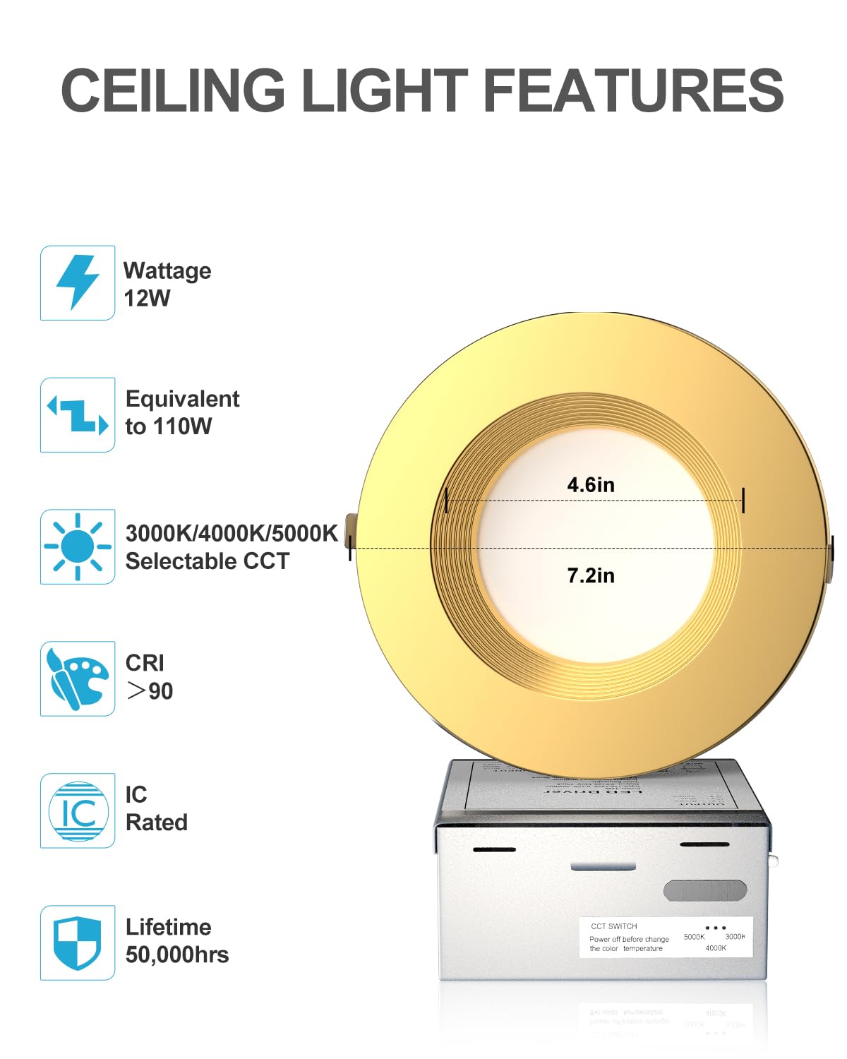 Lightdot 12W Dimmable LED Downlight 3CCT Selectable Gold, 6 Inch, Fixed 24 Pack, Model LRC-03G