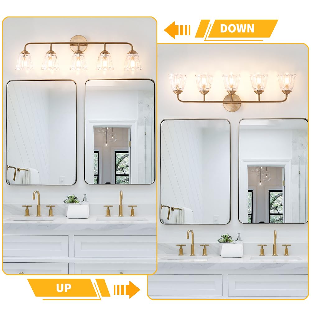 5-Light Vintage Vanity Light, Brushed Brass Vanity Lights For Bathroom, Elegant Bathroom Lighting Fixtures Over Mirror, Bathroom