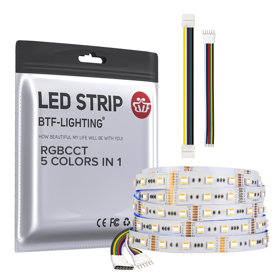 BTF-LIGHTING RGBCCT LED Tape Lights 16.4ft 300LEDs Dimmable 2700K-6500K RGBWW DC12V IP30