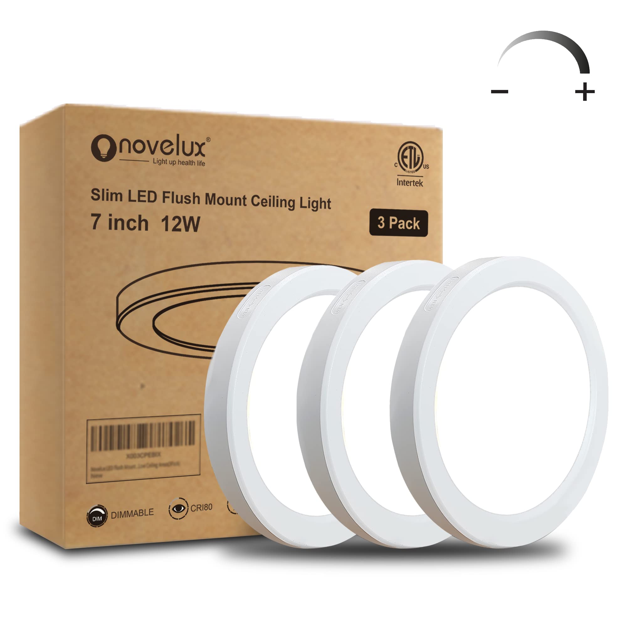 NOVELUX 7 Inch LED Flush Mount Ceiling Light, Dimmable, 5000k Daylight, Stainless Steel, White, 3 Pack, Model CL-7IN