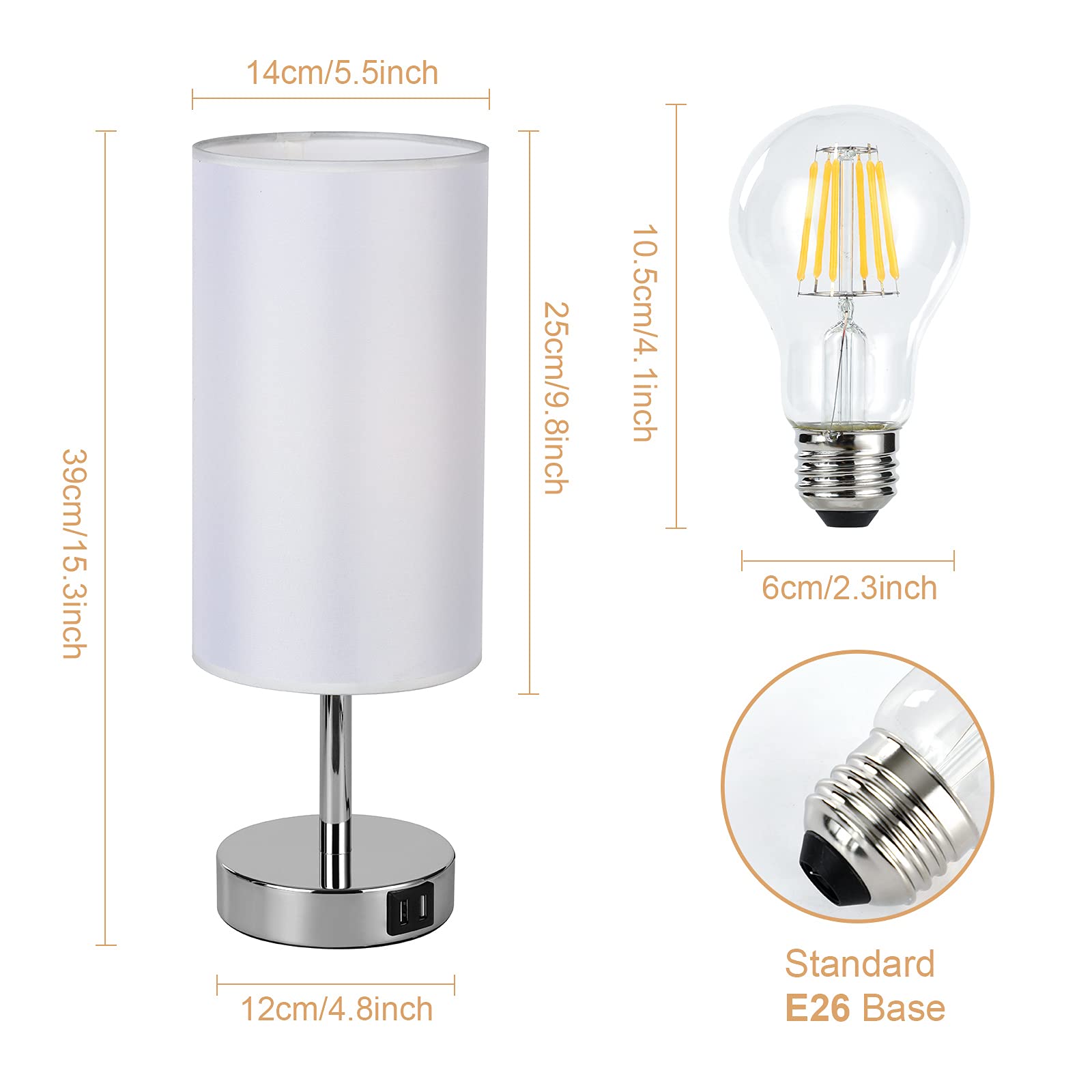 Yarra-Decor Touch Control Bedside Lamp with USB Port, 3-Way Dimmable, White Linen Shade, Ideal for Bedroom, Living Room, Home Office