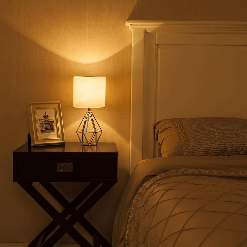 COTULIN Gold Bedroom Table Lamp, Modern Geometric Metal Base, White Fabric Shade, Model ZWL039G, Cute Nightstand Lamp for Kids