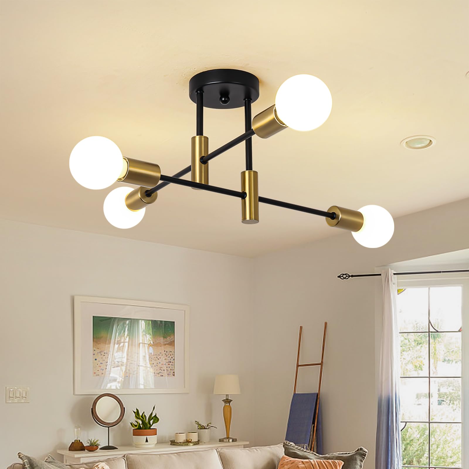 Garwarm Semi Flush Mount Ceiling Light Fixture,4-Light Gold and Black Modern Sputnik Chandelier, mid Century Light Fixture for K