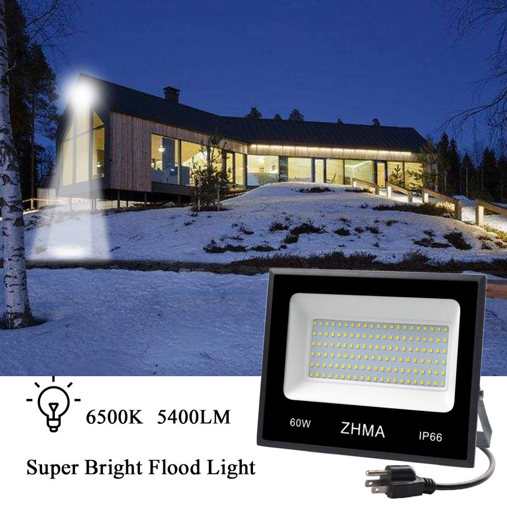 ZHMA 60W LED Flood Light - Outdoor Spotlight, 5400lm, IP66 Waterproof, White Light, Ideal for Garage, Backyard, and Security Use