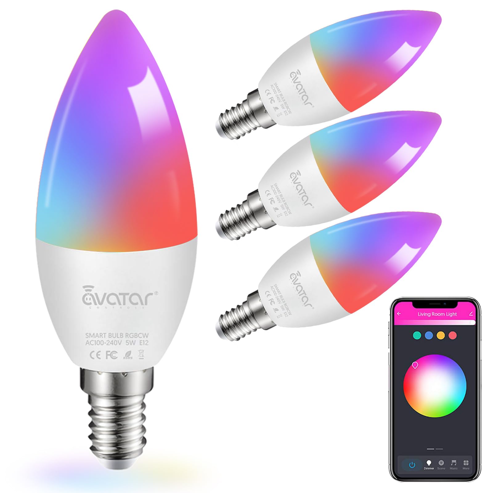 E12 Base Smart Bulb 4 Pack, 5W Candelabra Smart Light Bulbs - Alexa Wifi Led Lights B11 Rgbcw Dimmable Color Changing Music Sync