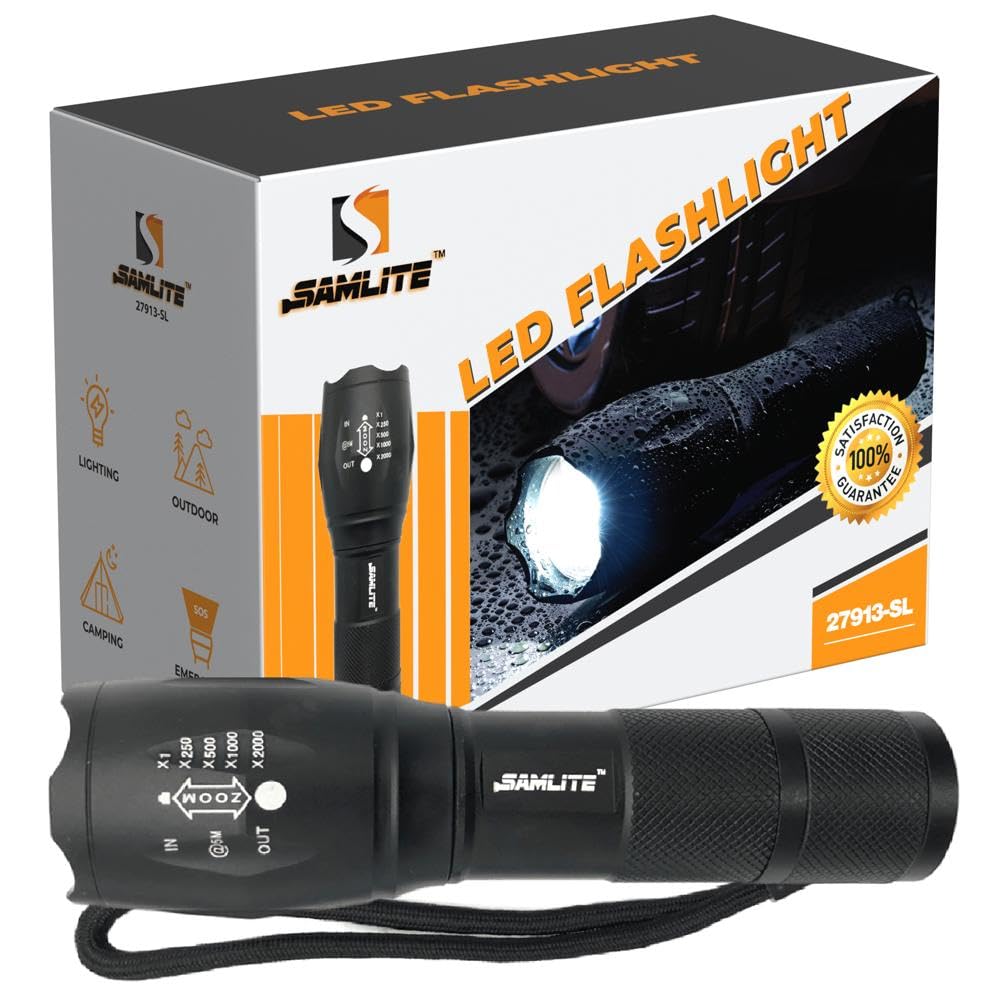 SAMLITE LED Flashlight High Powered - 1200 Lumens Bright Zoomable Spotlight or Floodlight - 5 Modes - Brightest Ultra Light, Poc