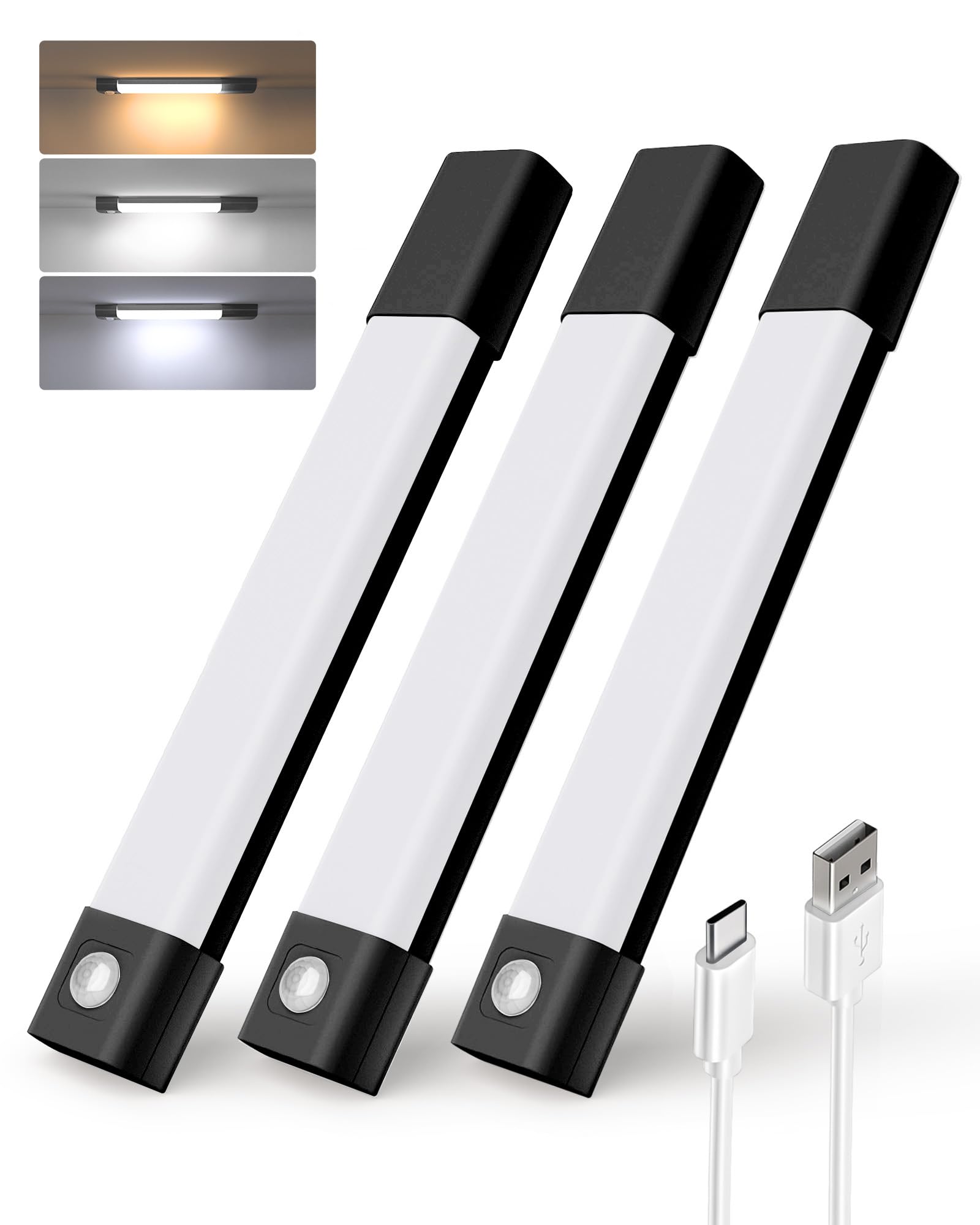 EZVALO Closet Lights, 30 LED Rechargeable Under Cabinet Lighting Wireless, 3 Color Temps Under Cabinet Lights, Dimmer Motion Sensor Light Indoor for Kitchen, Cabinet, Bedroom, Wardrobe (3 Pcs, Black)