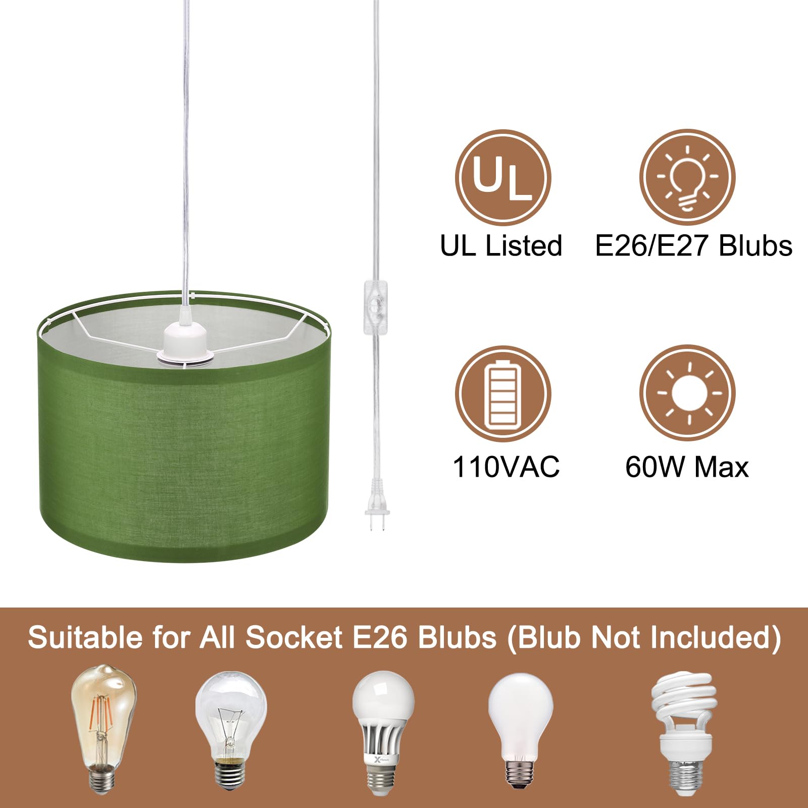 Patikil Plug In Pendant Light, 15Ft Rope Cord Hanging Lamp Fixture With On/Off Switch, Linen Fabric Shade E26/E27 Bulb Socket For Bedroom Kitchen Living Room, Beige