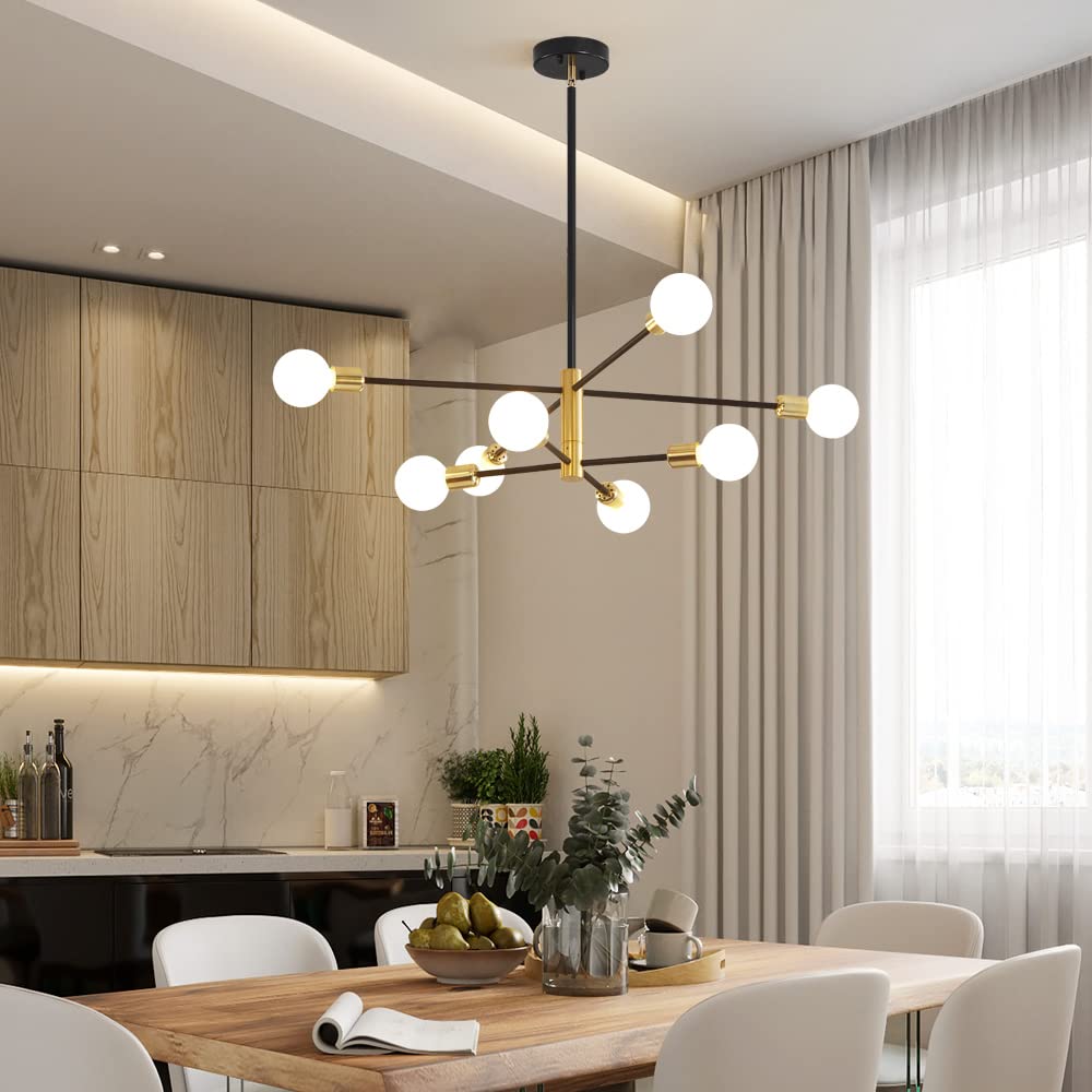 Deyidn 8-Light Sputnik Chandelier, Black Gold Metal Pendant Lighting For Modern Living Spaces