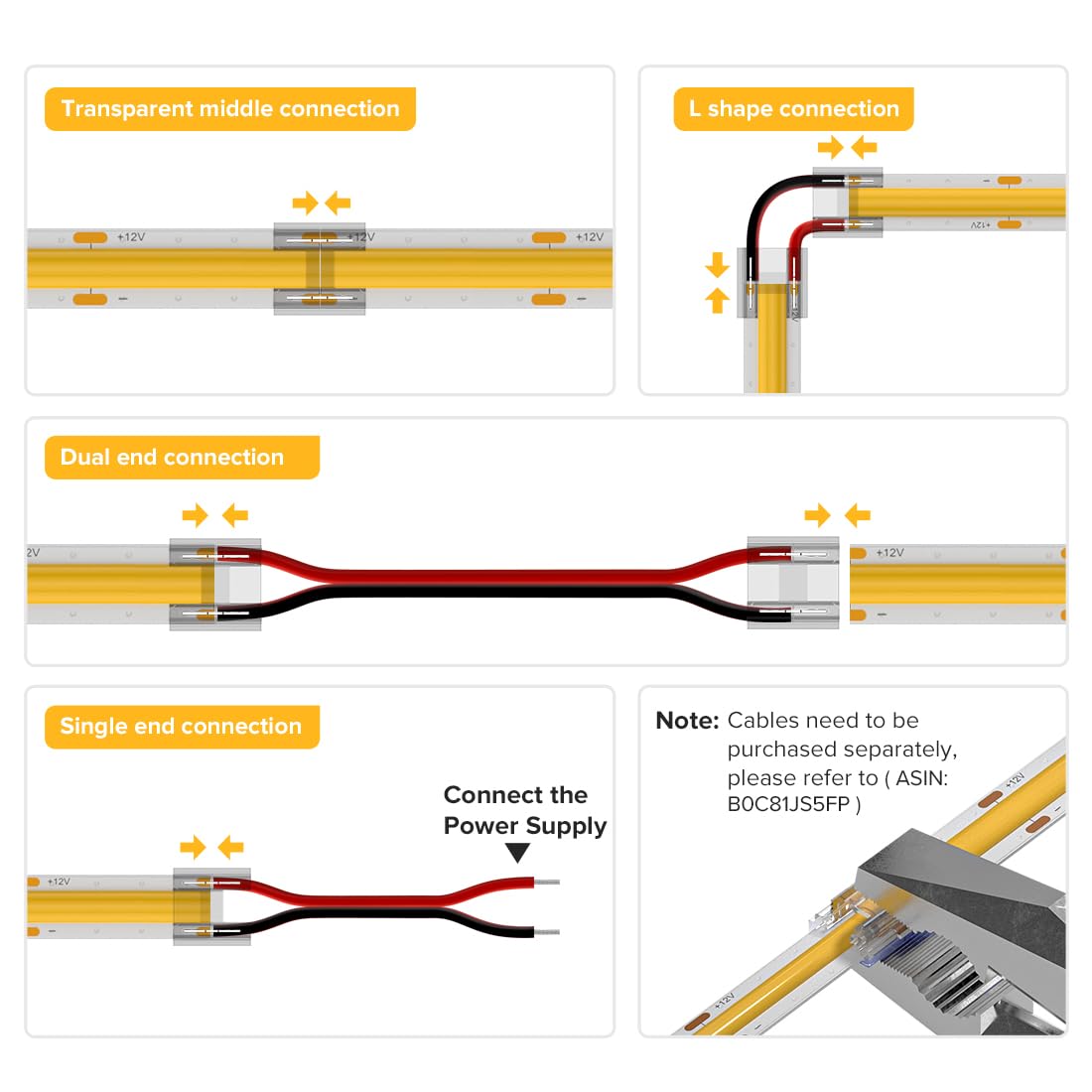 Btf-Lighting Fcob Cob 50Pcs 10Mm 0.39In Transparent Connector Support Fcob 10Mm Width 2 Pin V+ V- Single Color Led Strip Corner Connection(Without Wires)