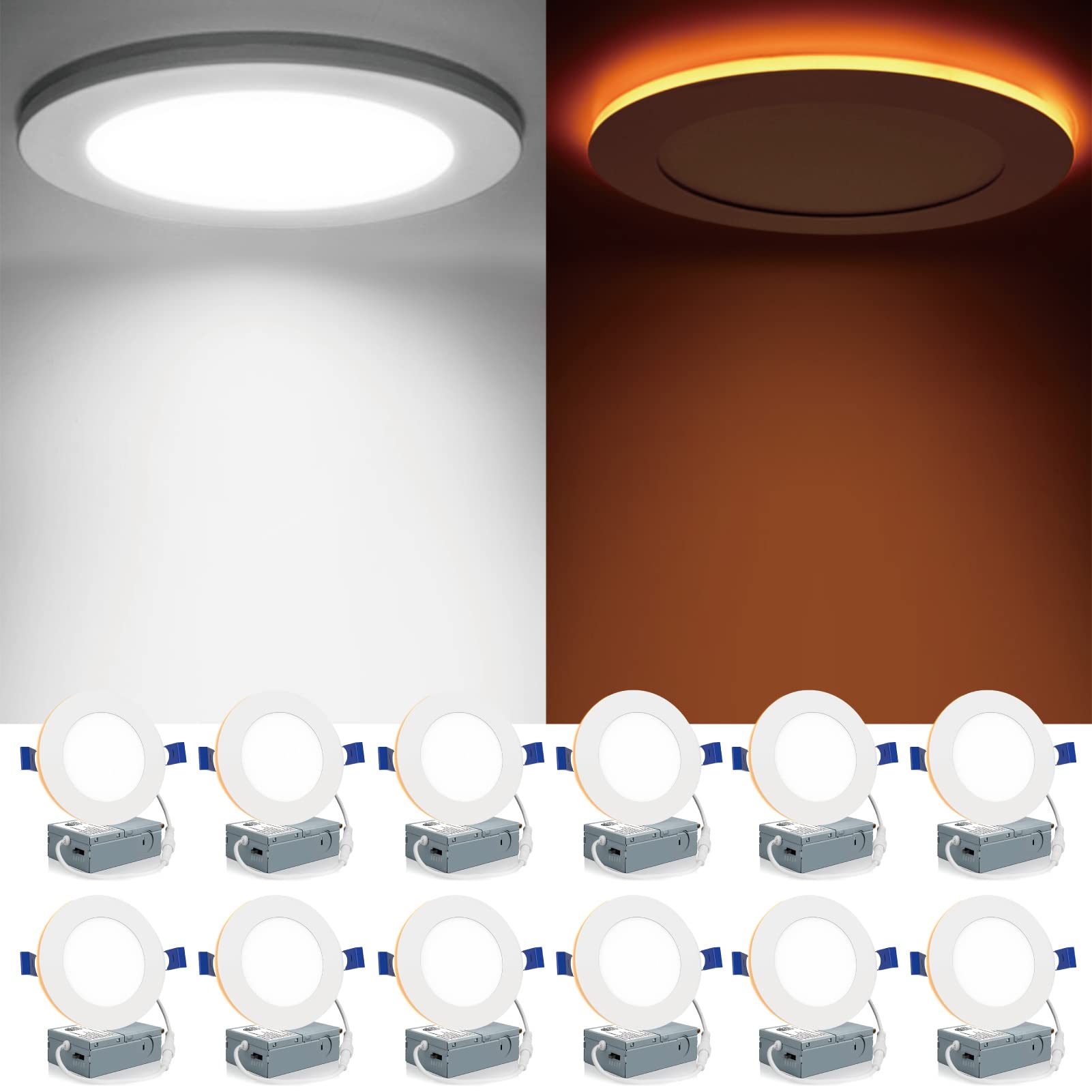 Meconard 12 Pack 4 Inch 5Cct Led Canless Recessed Lighting With Night Light, 2700K/3000K/3500K/4000K/5000K Selectable Ultra-Thin Led Ceiling Lights, 9W=75W, 750Lm, Dimmable Wafer Downlight Etl&Fcc