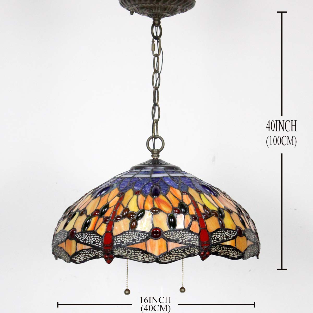 WERFACTORY Tiffany Pendant Light, 16in Wide, 40in Height, Stained Glass, Orange Blue Dragonfly S168 Series, Large Hanging Lamp