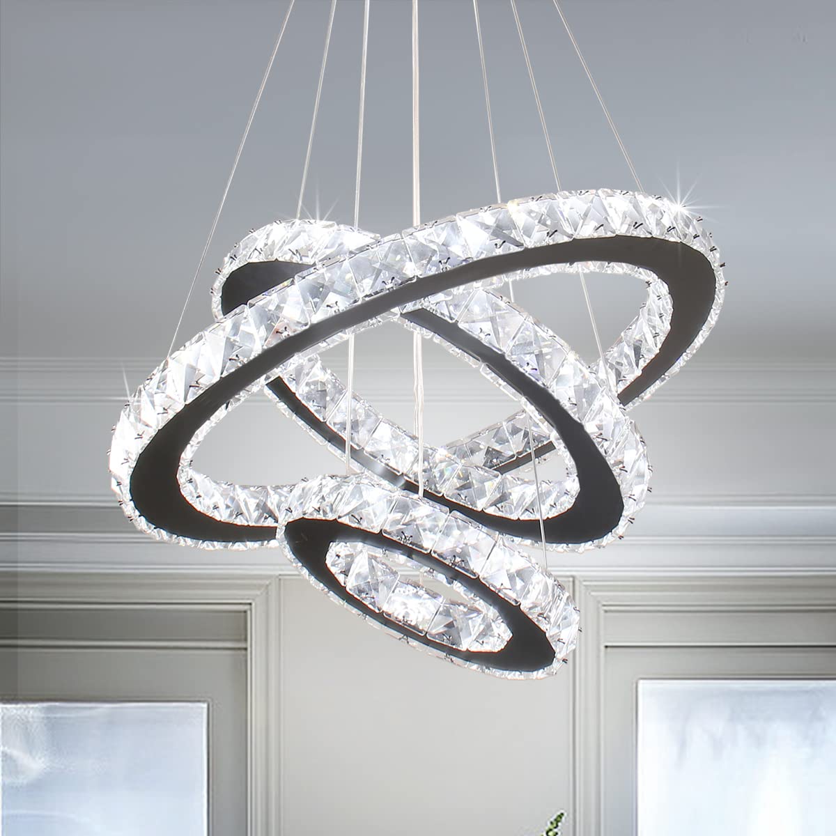 Diisunbihuo Modern Led Crystal Black Chandeliers 3 Rings Pendant Light Adjustable Height Ceiling Lamp For Dinning Room Bedroom L