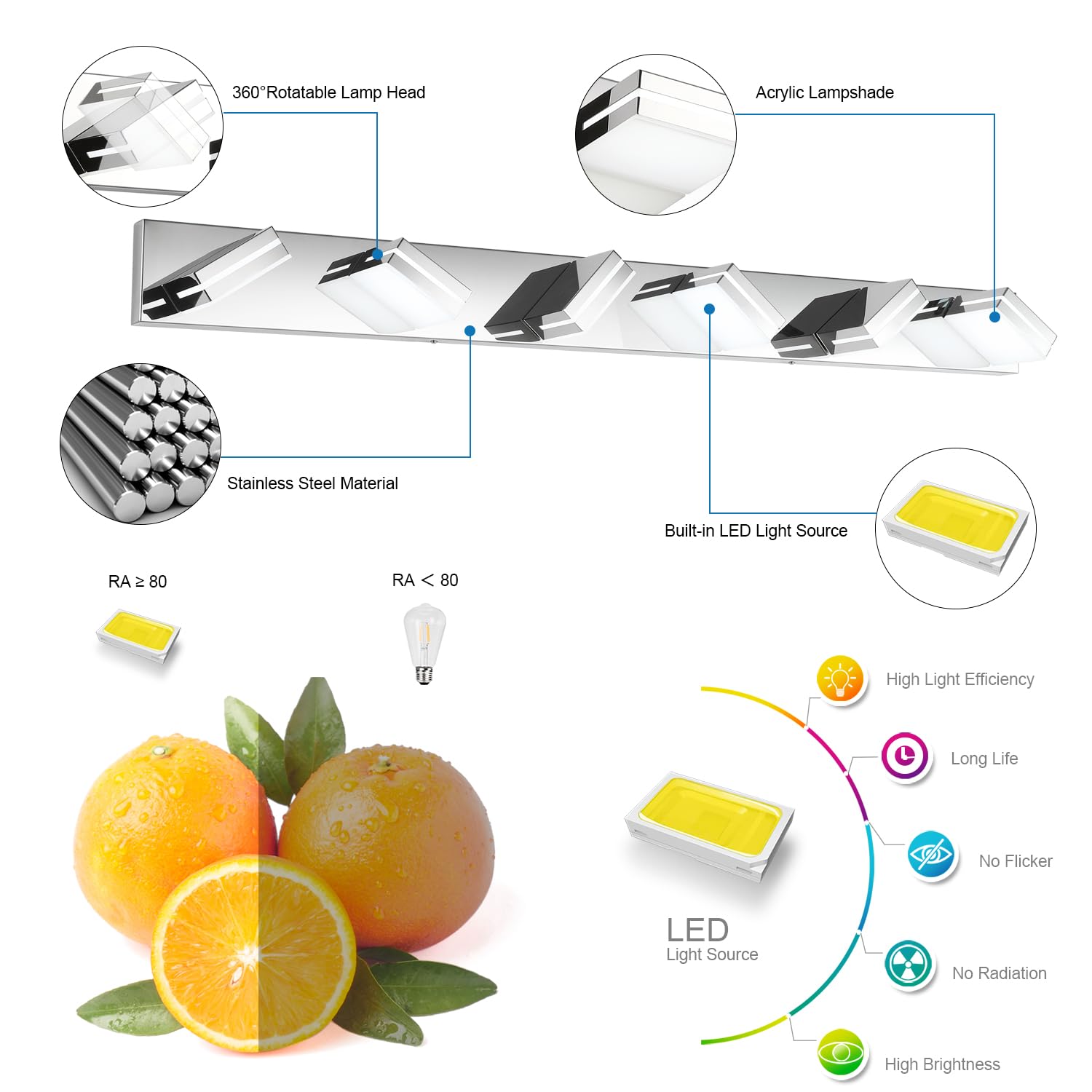 Sinerise Led Modern Bathroom Vanity Light Fixtures (6-Light, 48-Inch, Dimmable), Chrome Modern Acrylic Bathroom Wall Lighting Fi