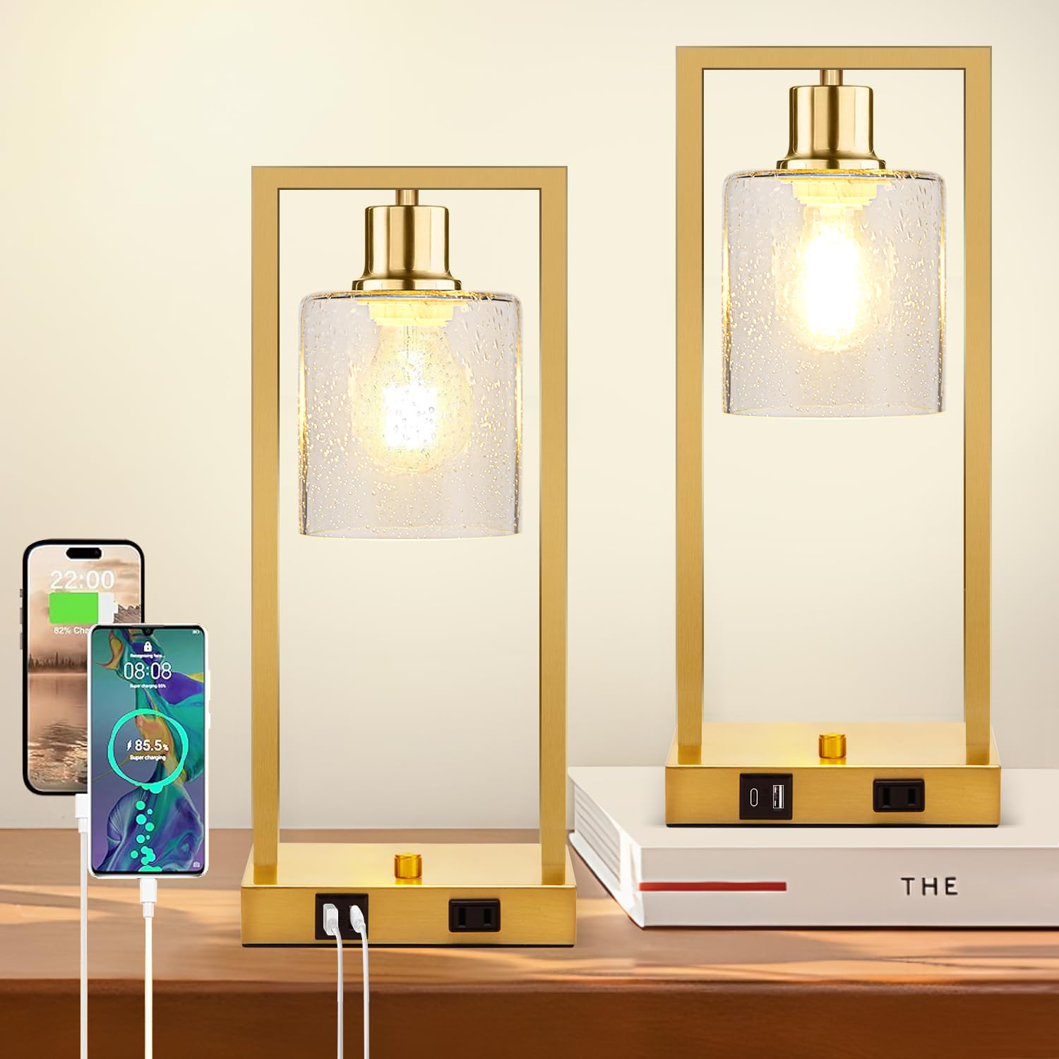 Industrial Table Lamps for Bedroom Set of 2 - 16'' Nightstand lamps with USB C+A Charge Ports & Outlet, End Table Lamps Fully St