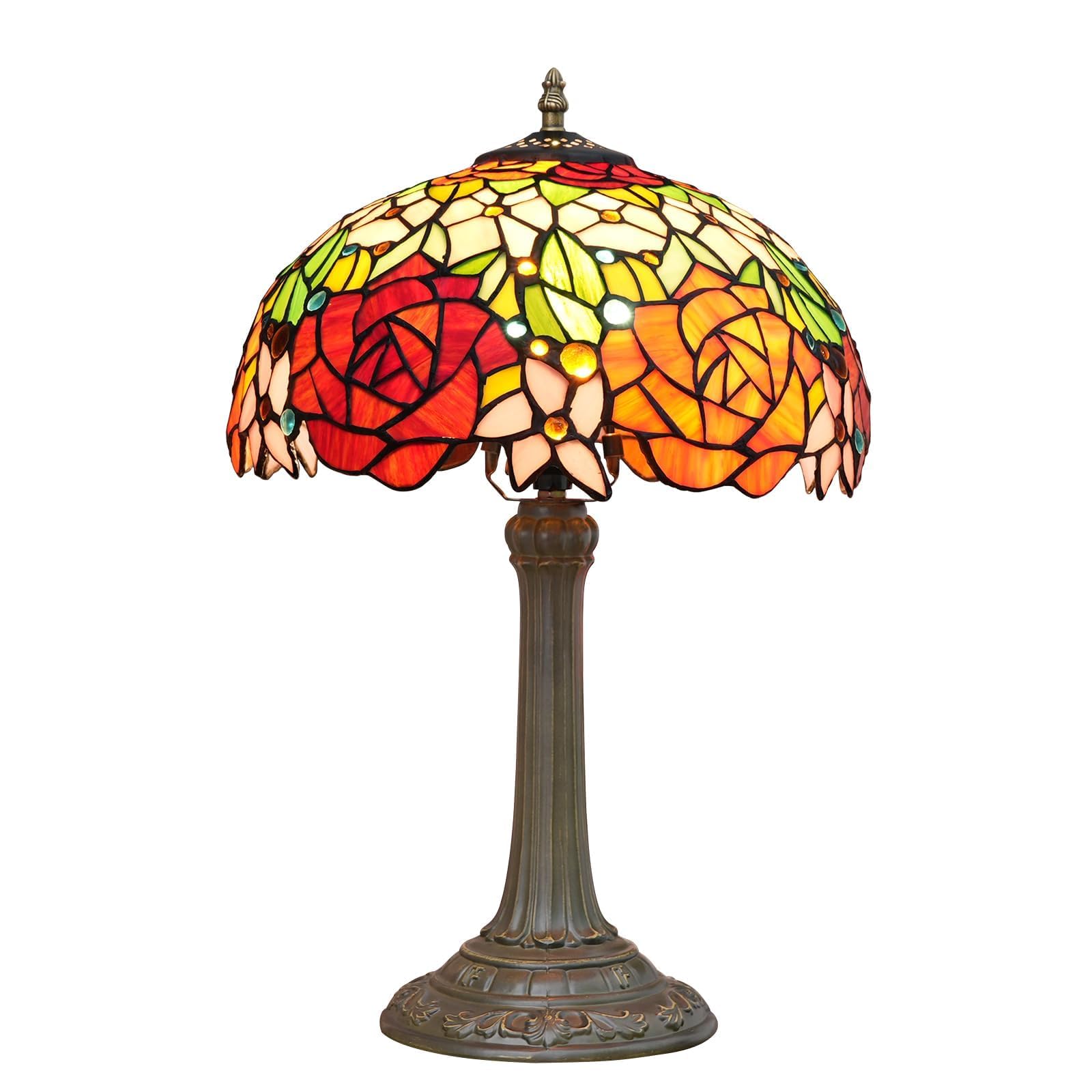 wecrejoni Tiffany Lamp Rose Flower Stained Glass Table Lamp 12X12X18 Inches Rose Style Desk Reading Light Decor Bedside Bedroom 