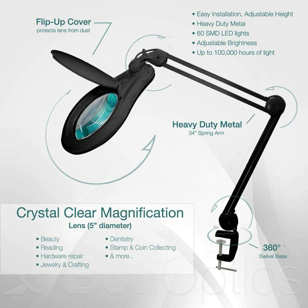 BoliOptics LED Magnifying Lamp with Clamp, 8 Diopter, 3X Magnification, Dimmable, Black, Model MG16303322