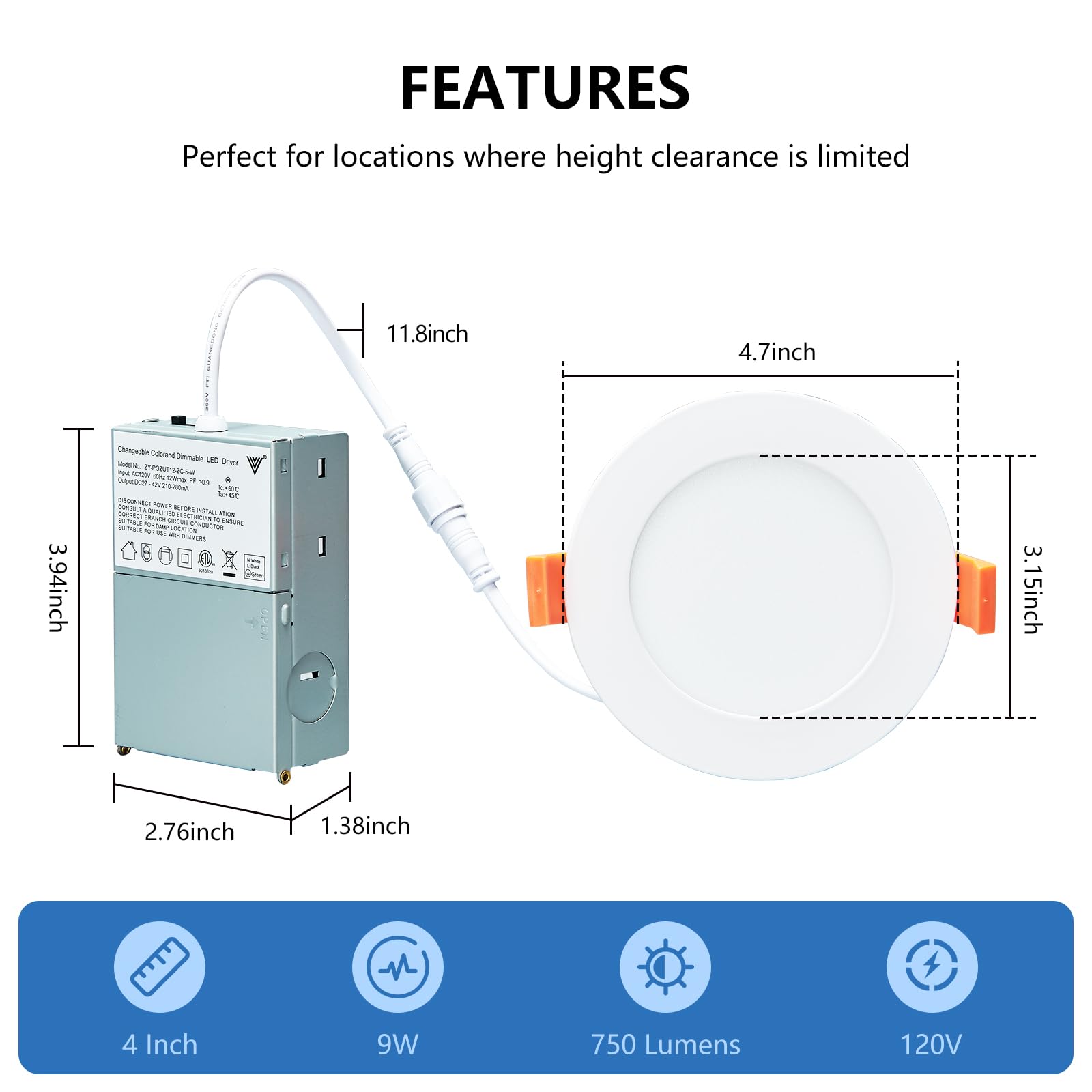 Cycevsun Recessed Lighting 4 Inch Canless Wafer Pot Lights, Dimmable & 5 Color Selectable, 9W, 120V, Ic Wet Rated, Etl, 12 Pack