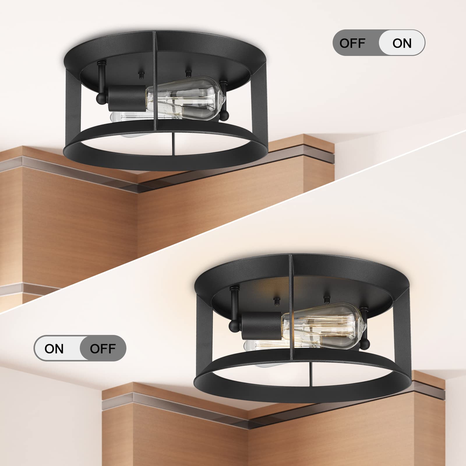 Darkaway Flush Mount Ceiling Light, 2-Light E26, Industrial Metal, Matte Black, Model 6X14F BK, for Indoor/Outdoor Use