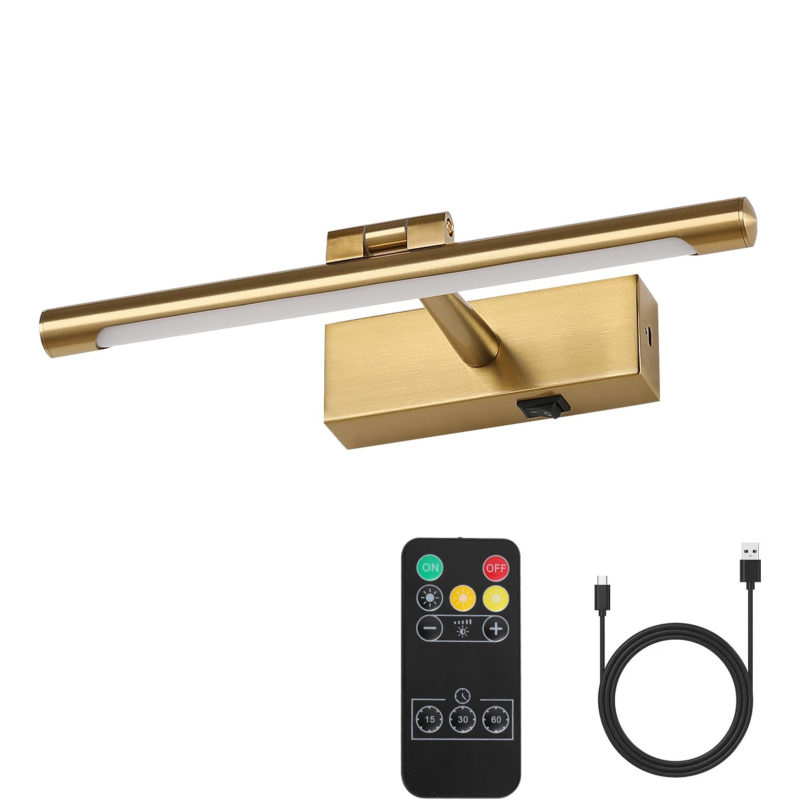 Opmre Modern Led Picture Light Dimmable 12.6 &quot;Brass Picture Light Lampshade Can Rotate Up Or Down 270 Degrees 3 Color Temperature Display Wall Art Light Battery Powered