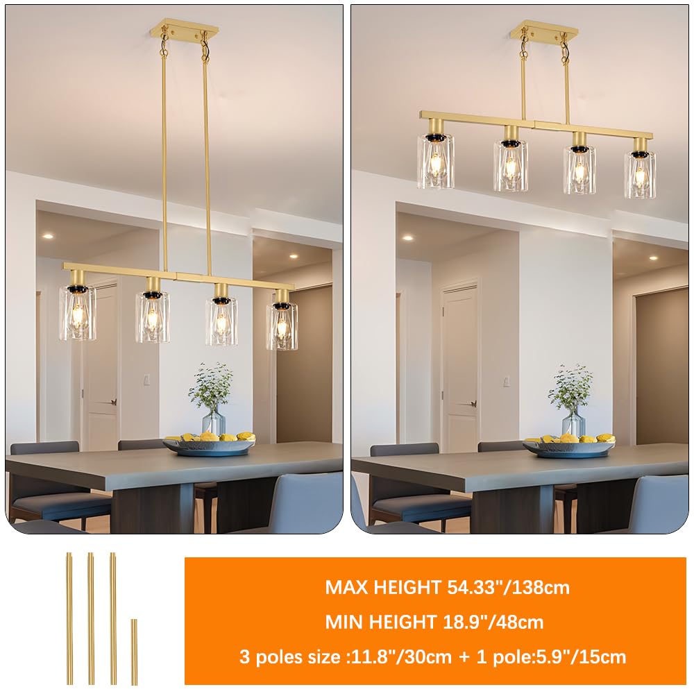 DSMJFU 4-Light Kitchen Island Lighting, Gold Metal Chandelier, Height Adjustable, 31in Glass Shade, Farmhouse Style for Dining Room