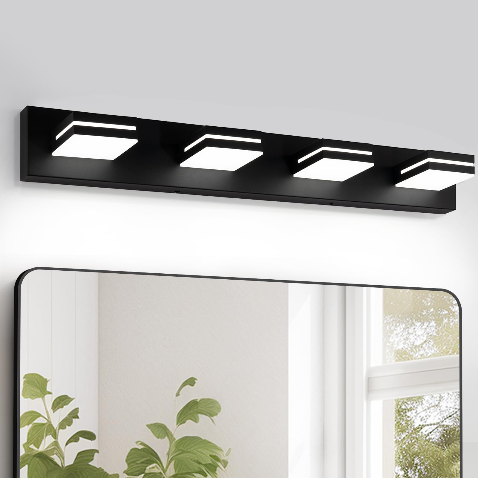 Okeli 4-Light Dimmable Bathroom Vanity Light, Matte Black, Adjustable Led Over Mirror, 32W 6000K