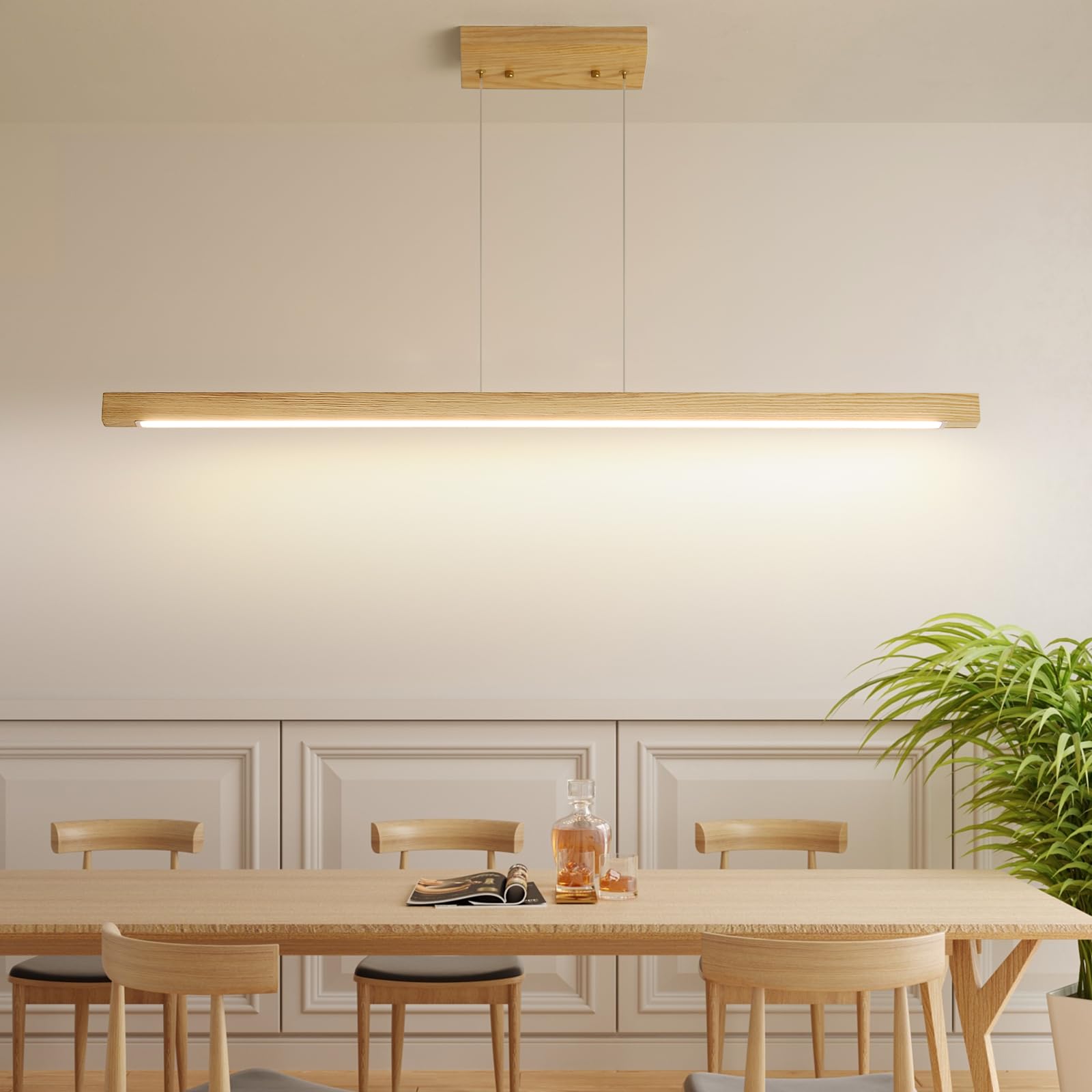 Wooden Linear Pendant Light, 39'' Modern Chandeliers for Dining Room, Dimmable Pool Table Island Lights for Kitchen, LED Ceiling