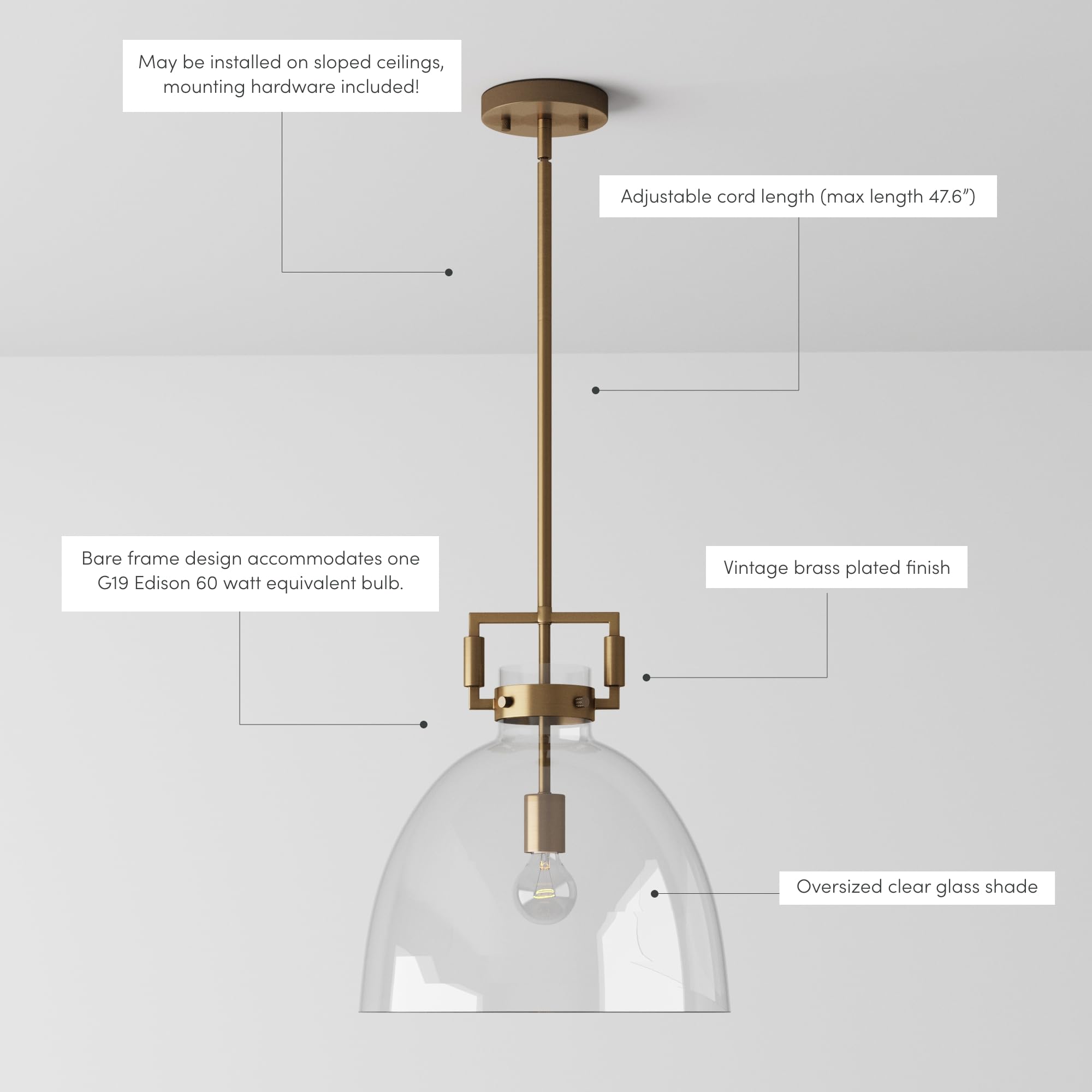 Nathan James Leigh Pendant Lighting, Hanging Ceiling Light With Oversized Glass Shade And Adjustable Cord, For Kitchen Island Or